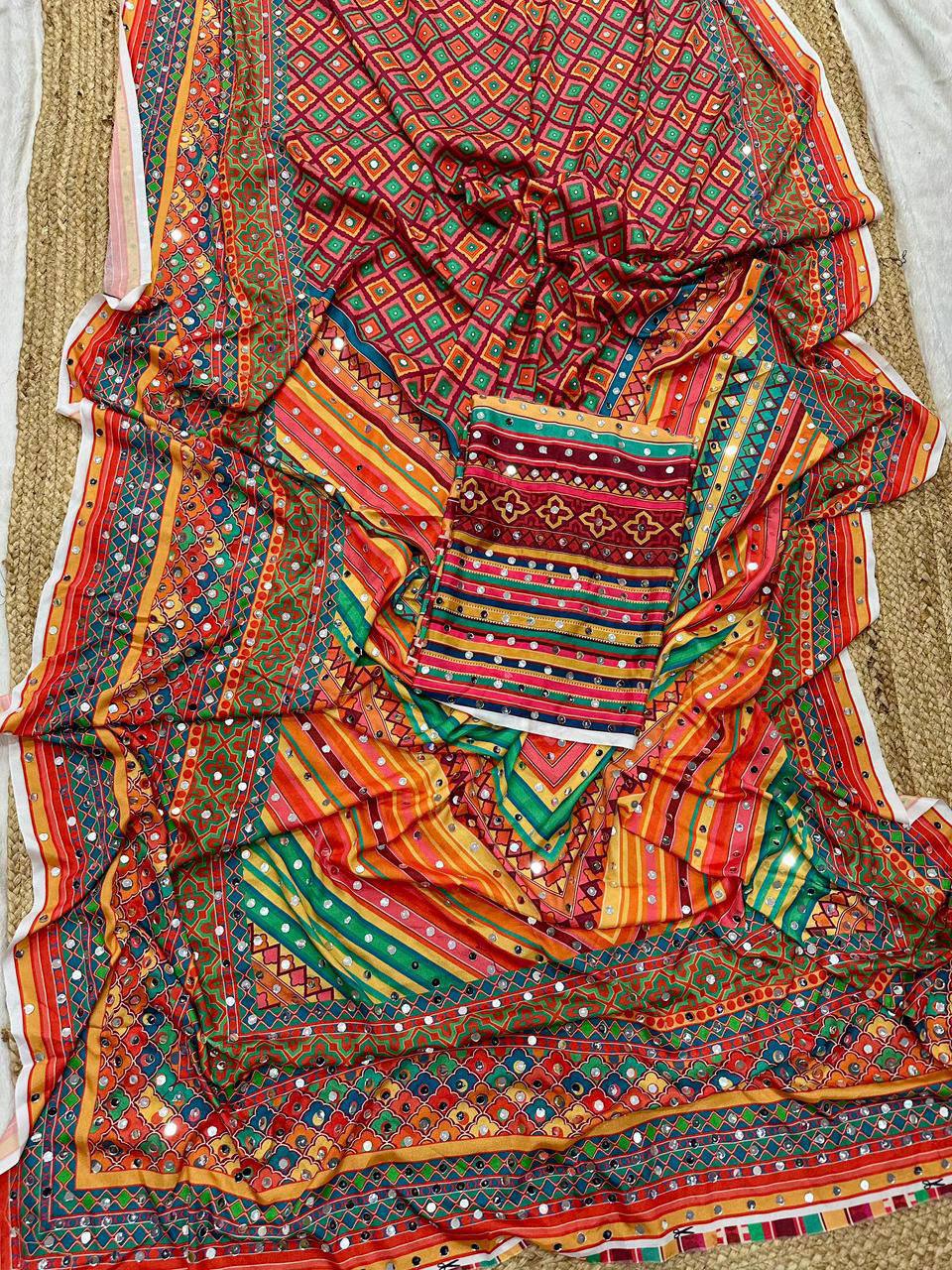 Rift Crepe silk Printed With Mirror Work Saree