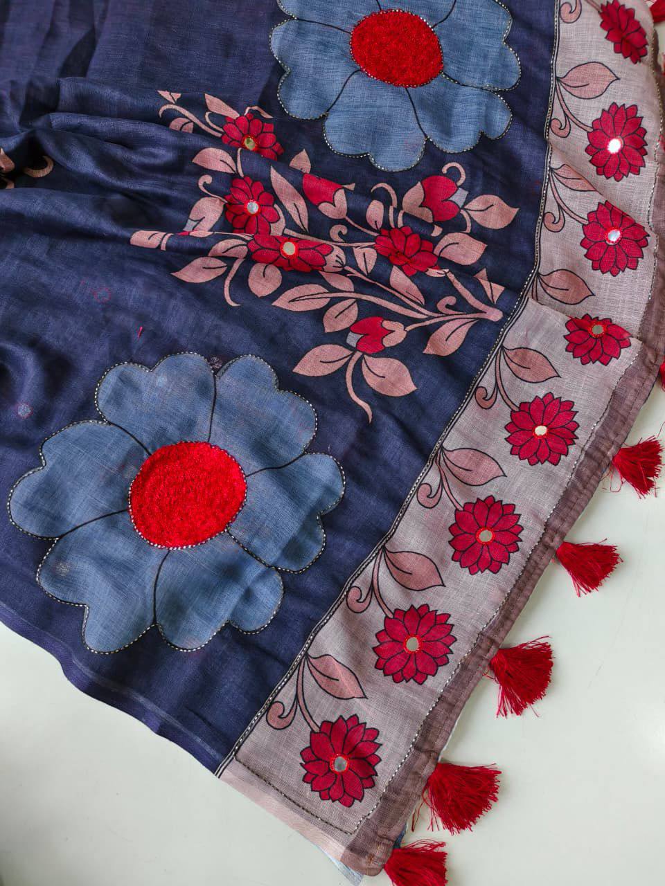 Barza Linen Cotton Printed Handwork Saree