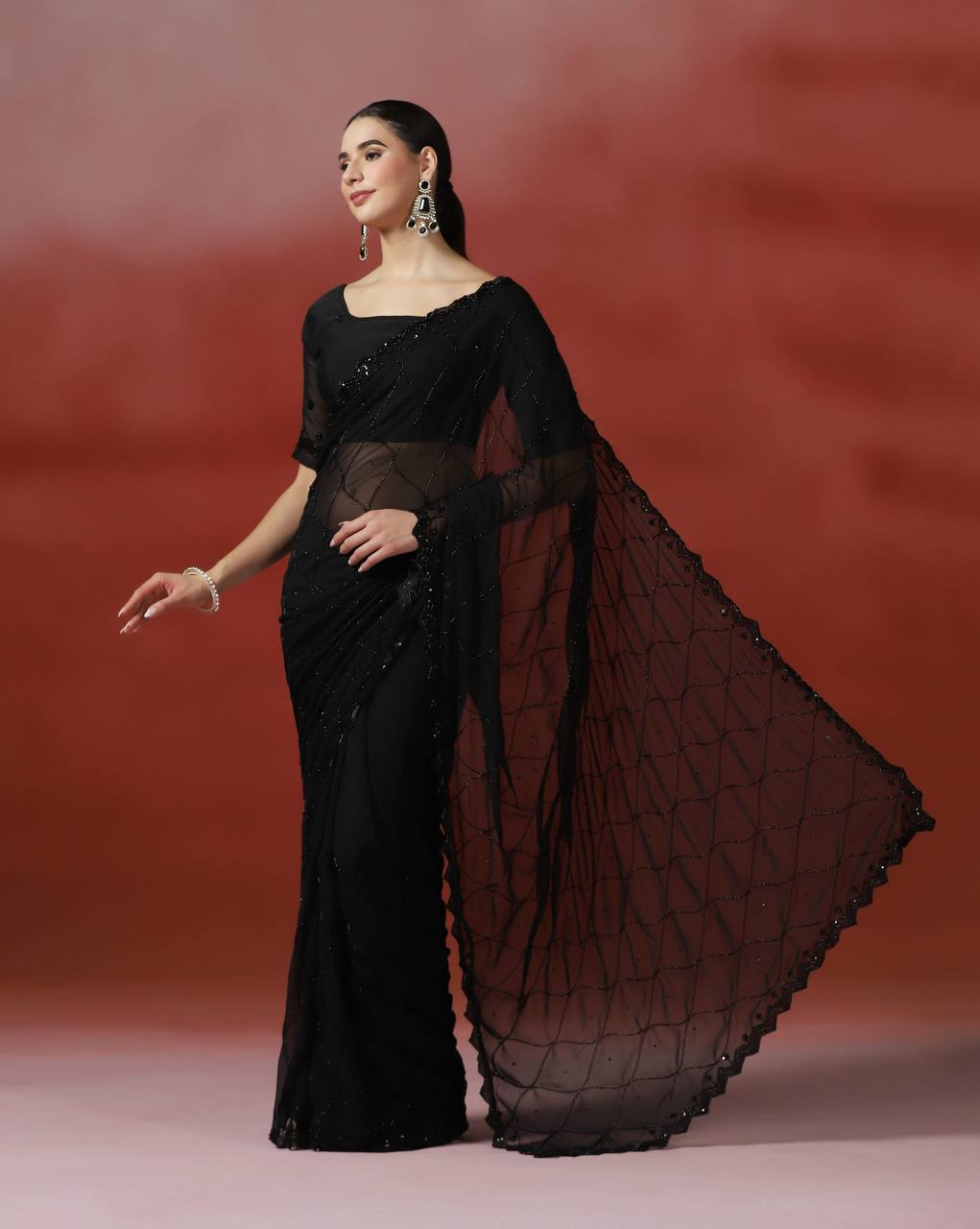 Xavier Pure Georgette Sequence And Cutdana Handwork Saree