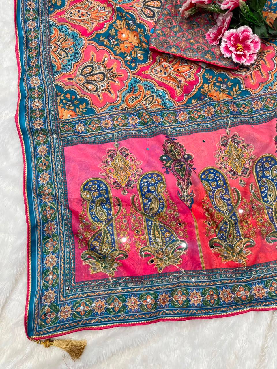 Vilara Chinnon Silk Printed Mirror Work Saree