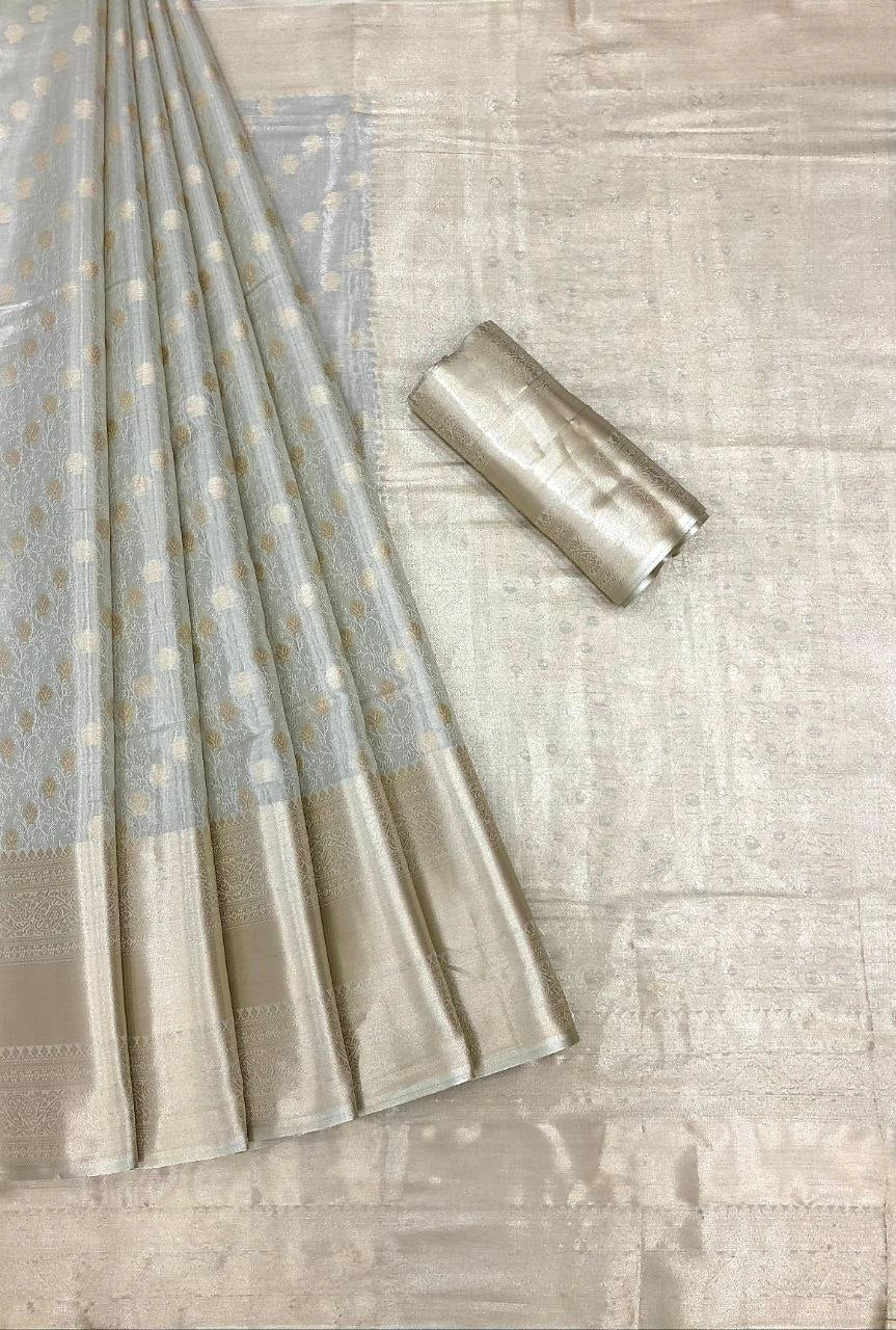 Secure Silver Kanjiviram silk zari weaving saree