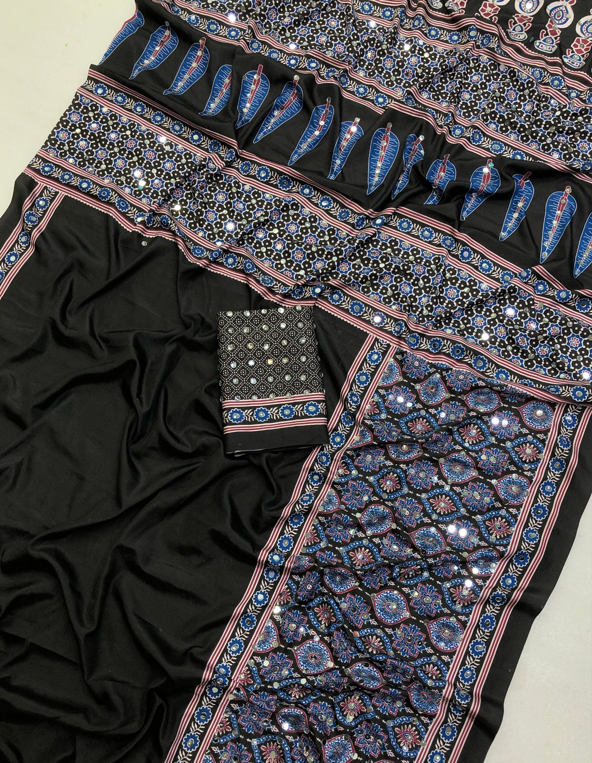 Mirrol Satin Crape Silk Ajrakh Printed Saree