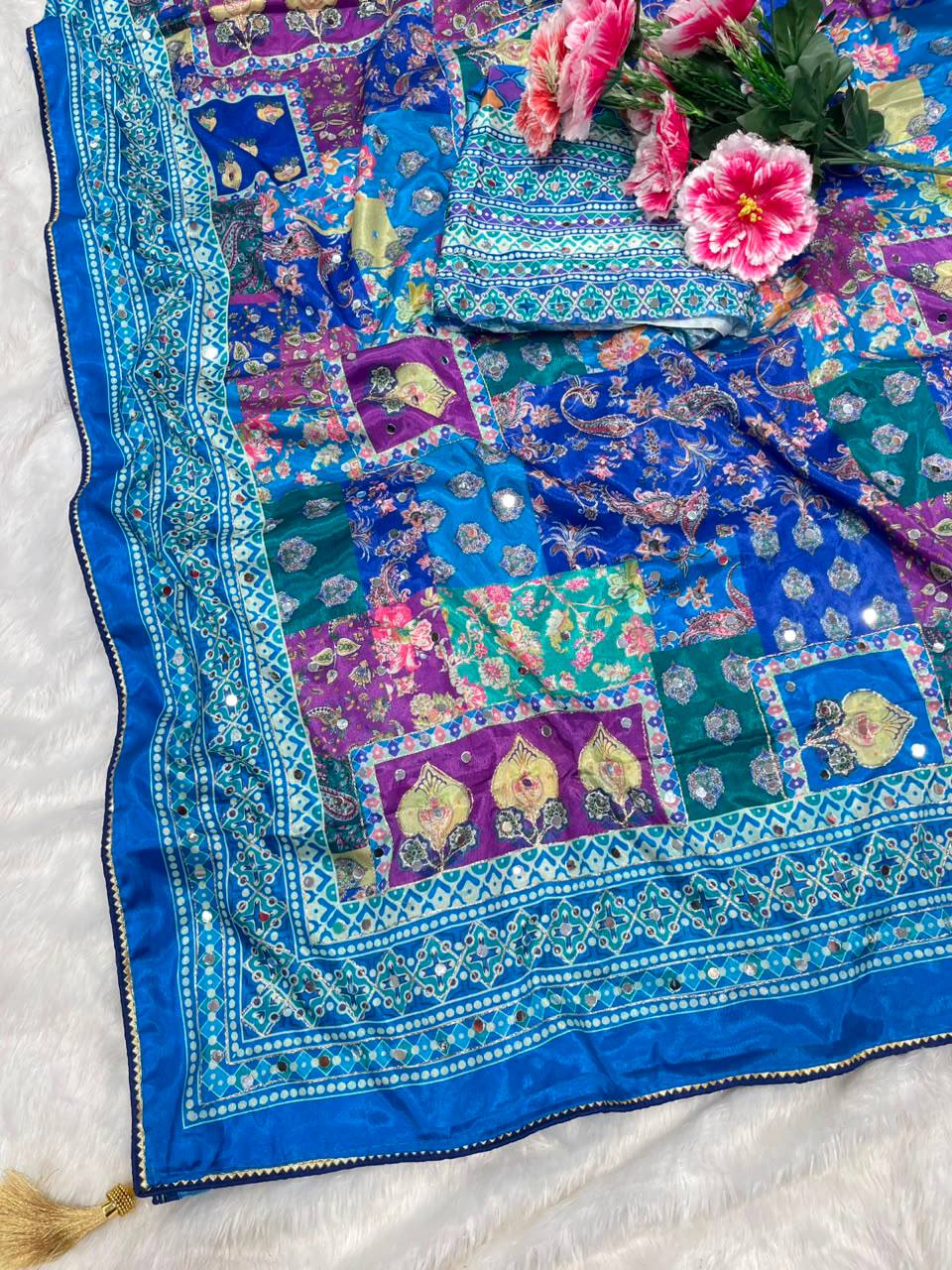 Vilara Chinnon Silk Printed Mirror Work Saree