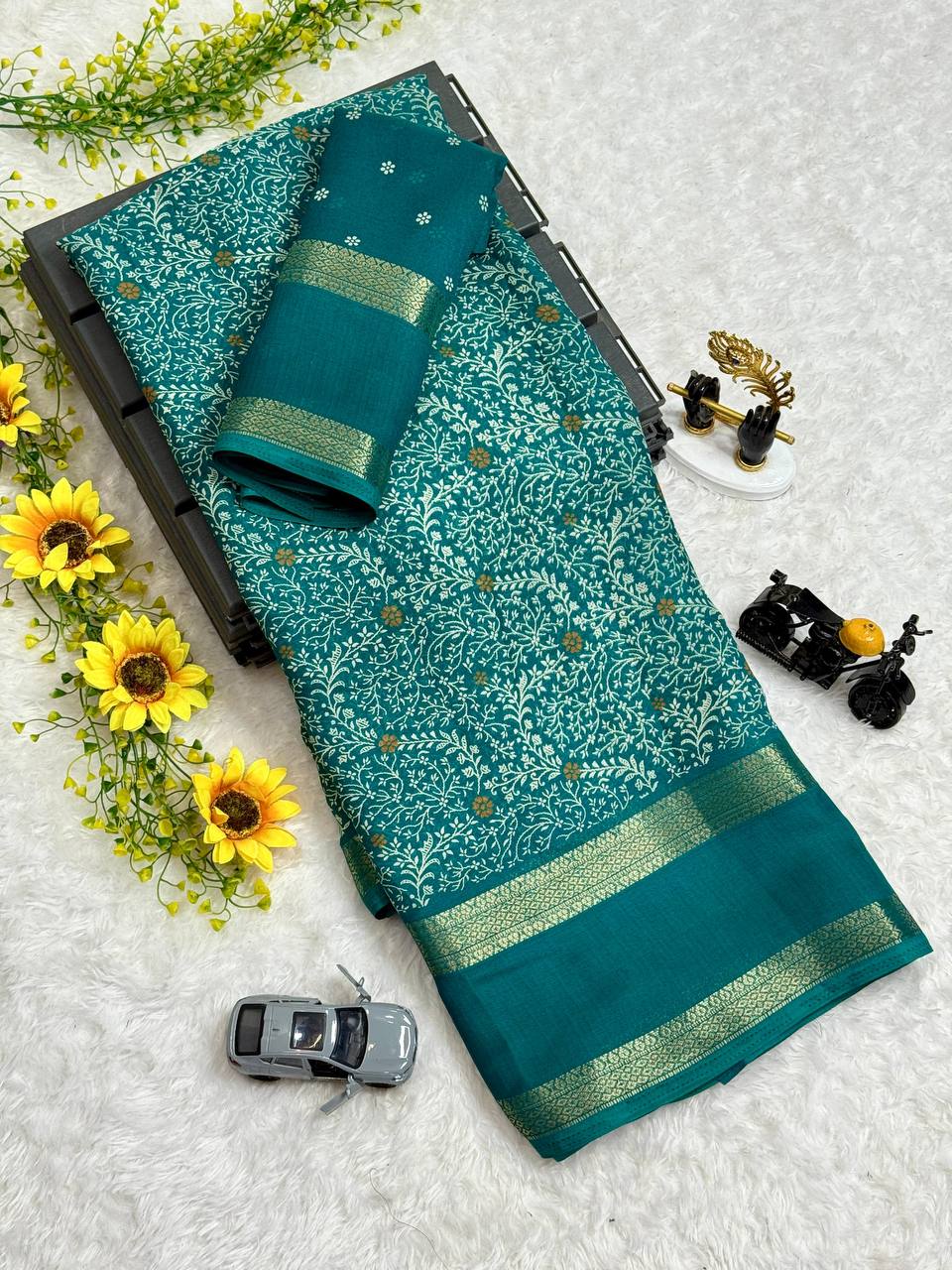 Nazneen Dull Moss Chiffon Printed Saree
