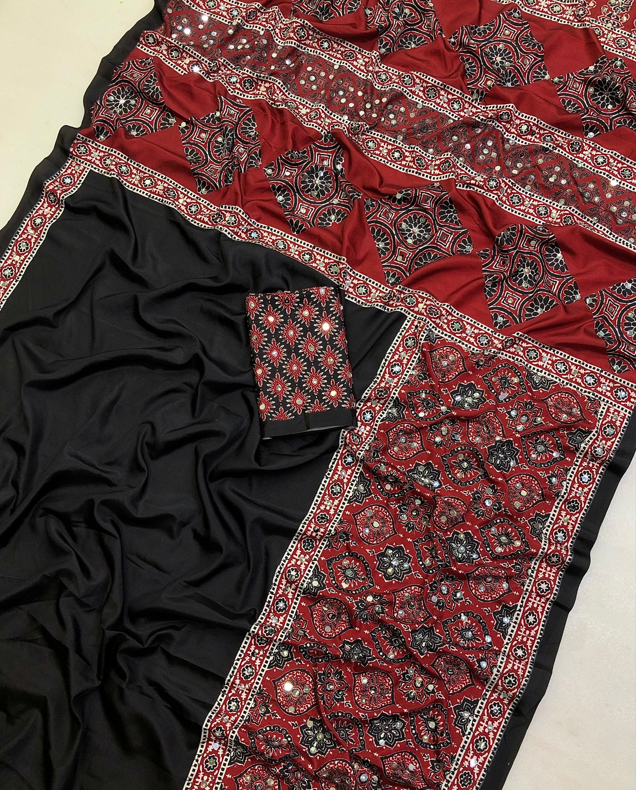 Mirrol Satin Crape Silk Ajrakh Printed Saree