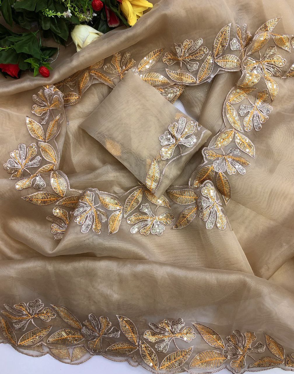 Defne Tissue Silk Gold Colour Coated Saree comes with Gold Embroidery