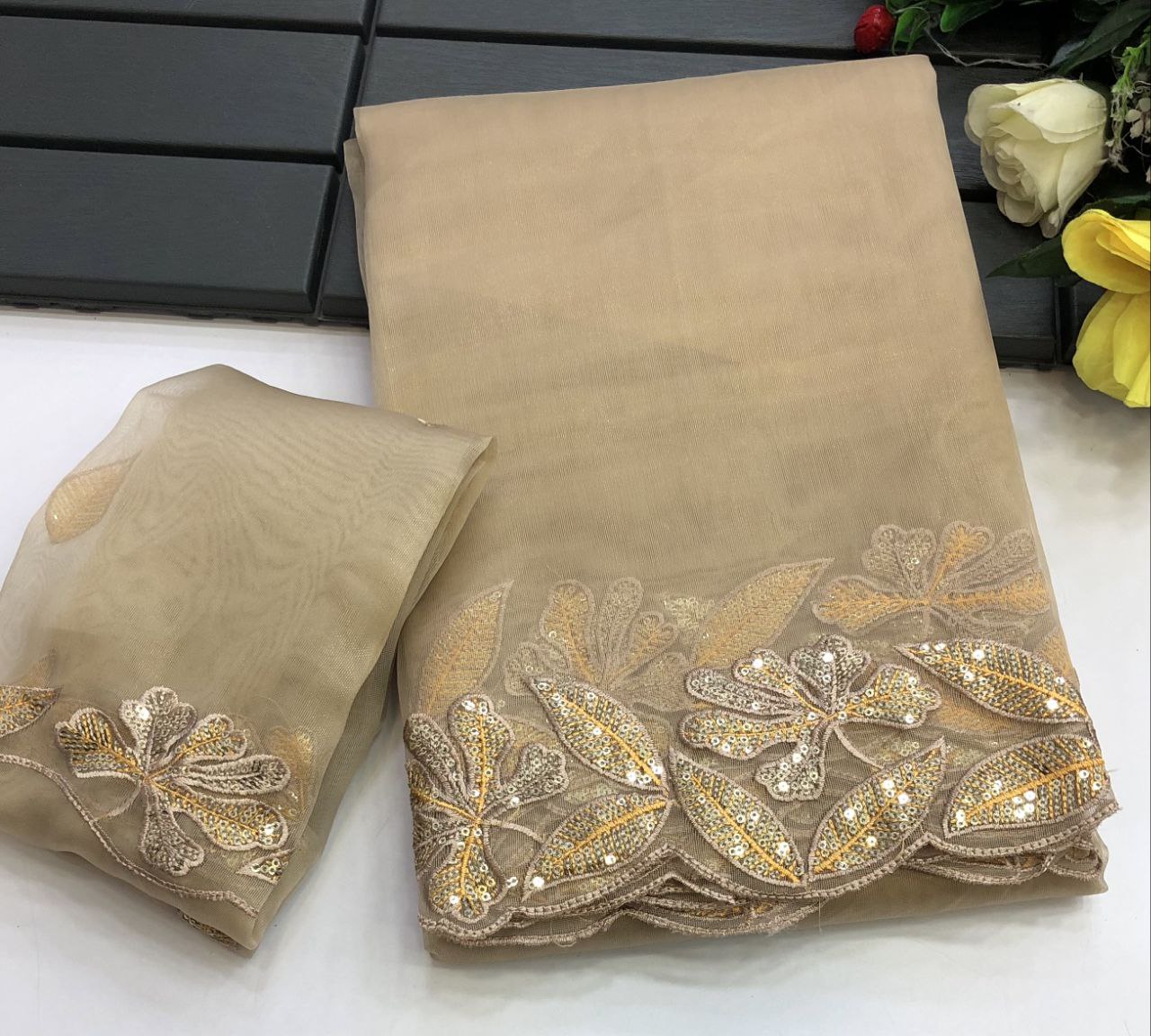 Defne Tissue Silk Gold Colour Coated Saree comes with Gold Embroidery