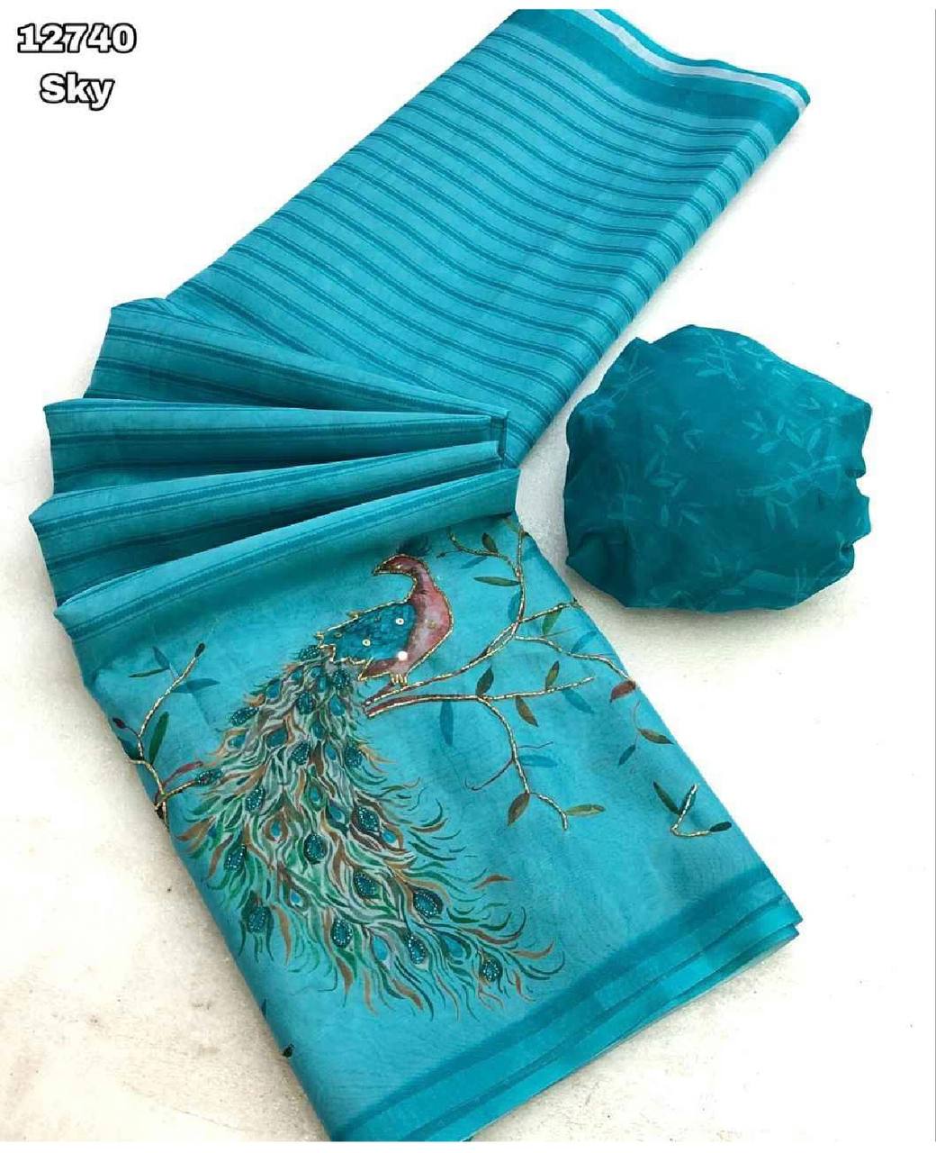 Fancy dual shade weaving with sequence &amp; siroski work sarees with blouse