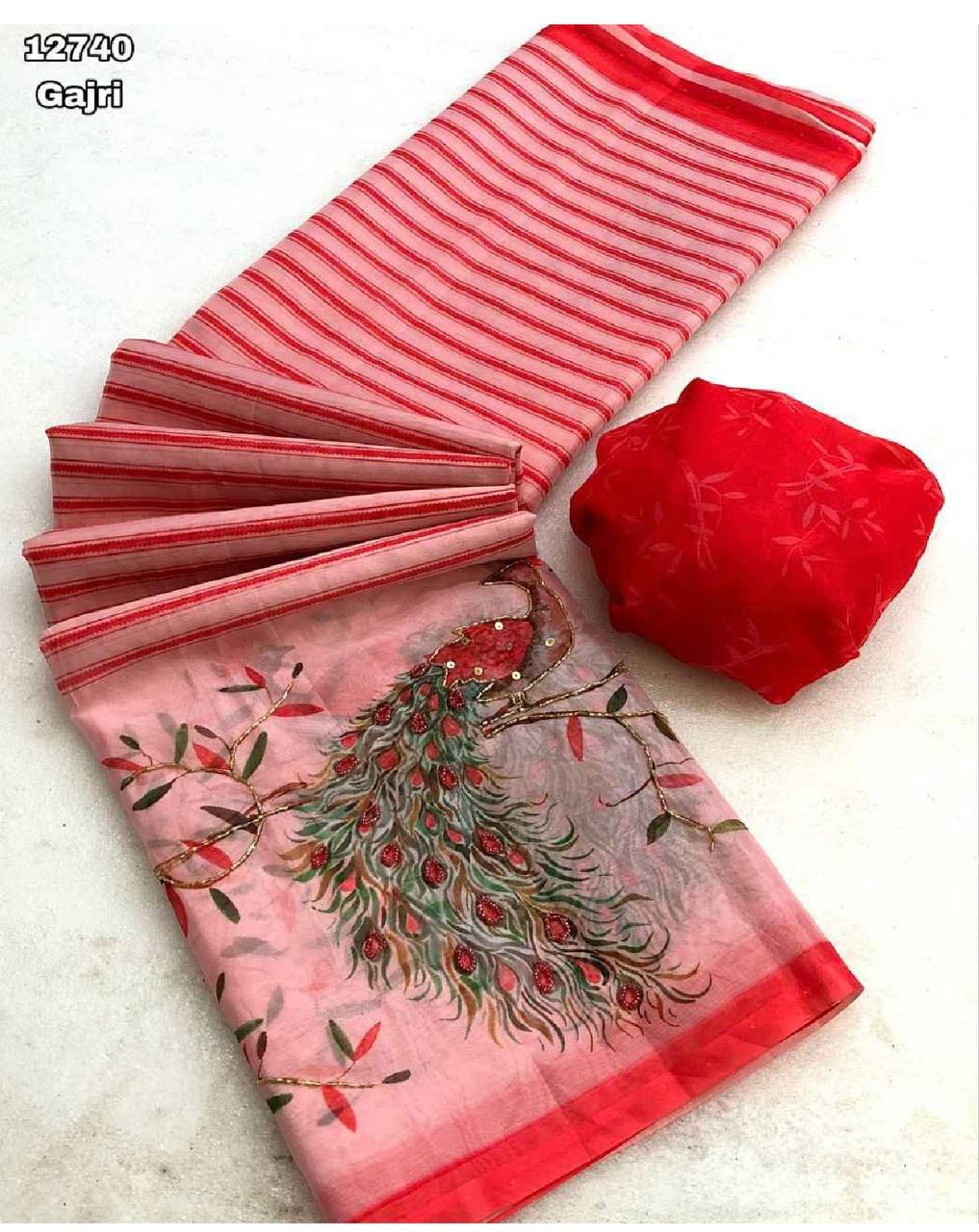 Fancy dual shade weaving with sequence &amp; siroski work sarees with blouse