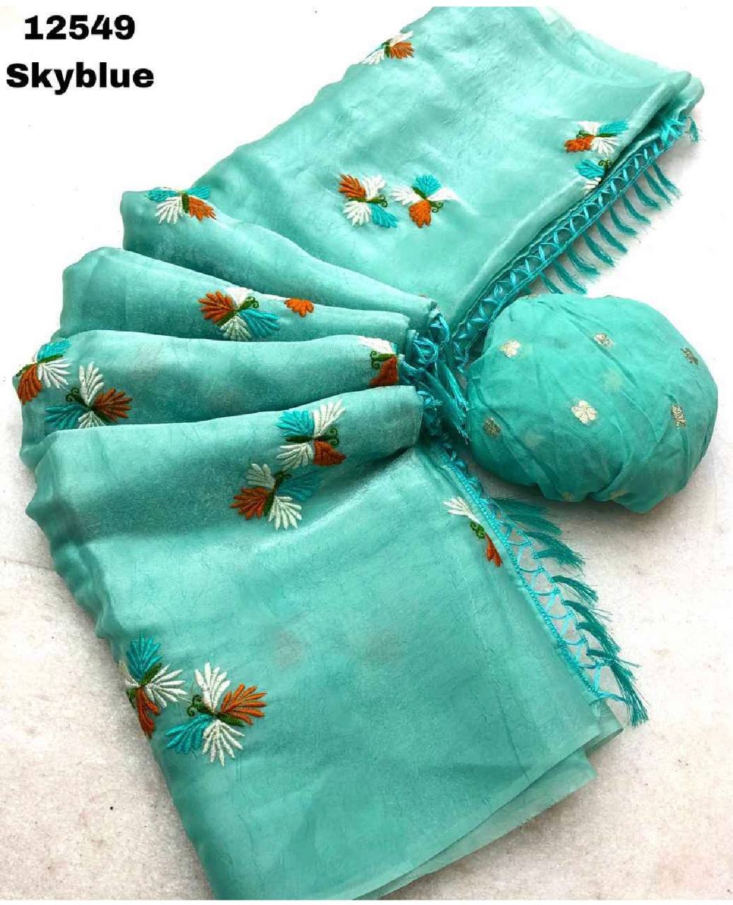 Fancy dual shade weaving with sequence &amp; siroski work sarees with blouse