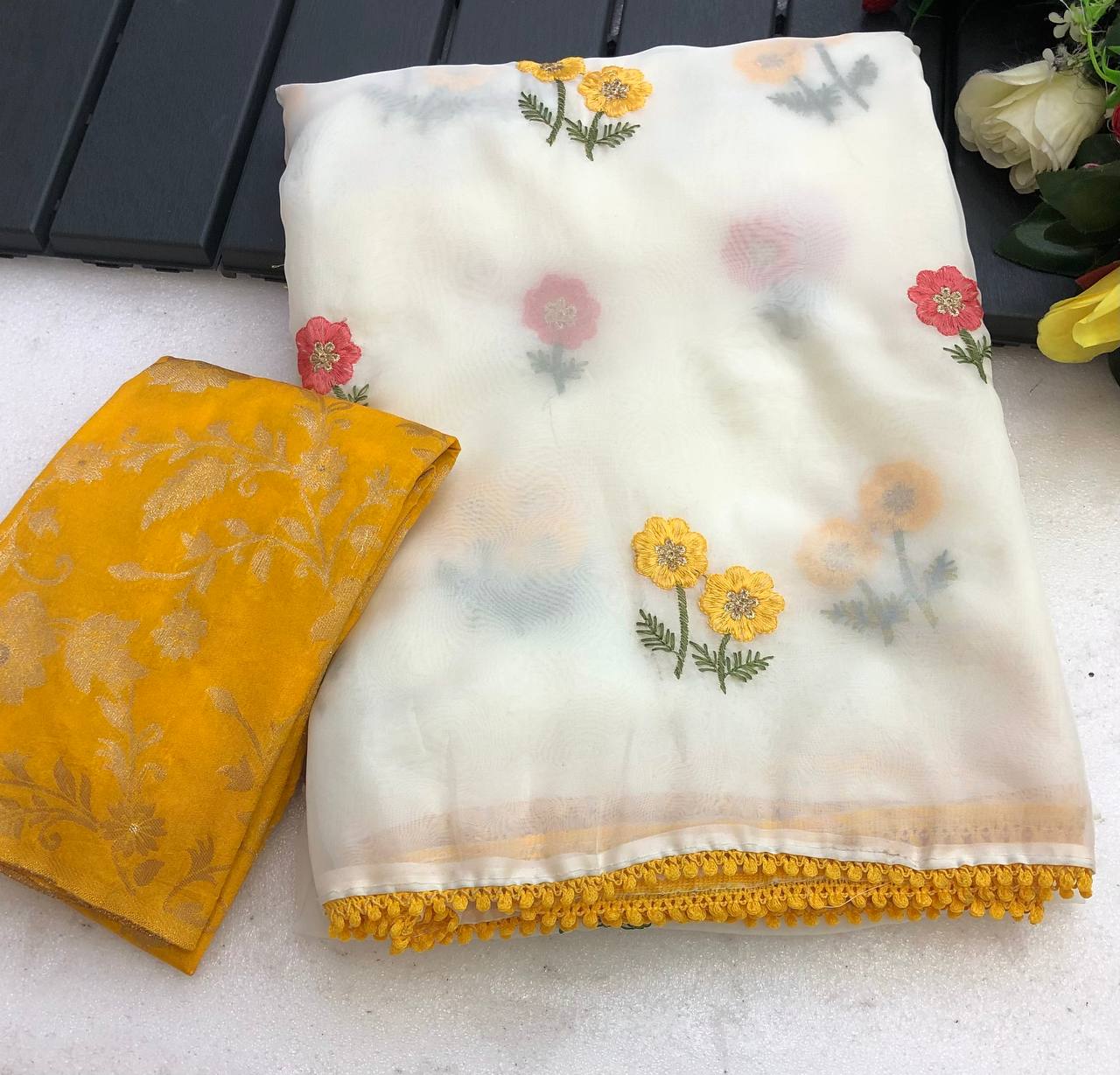 Shiro Tebby Organza Floral Design Embroidery Saree