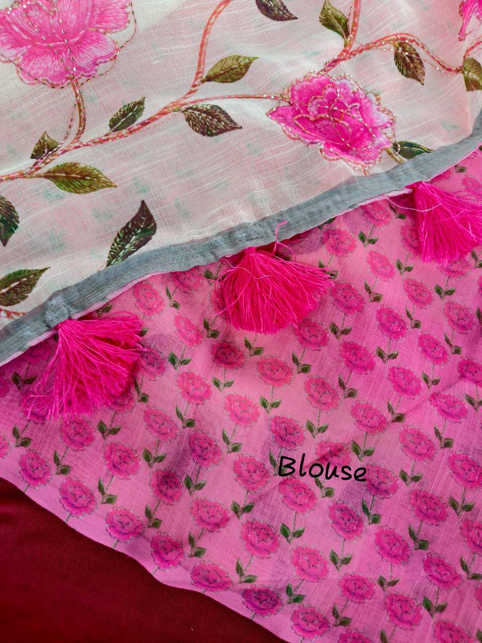 Sanwari  linen Printed Khatli Work Saree