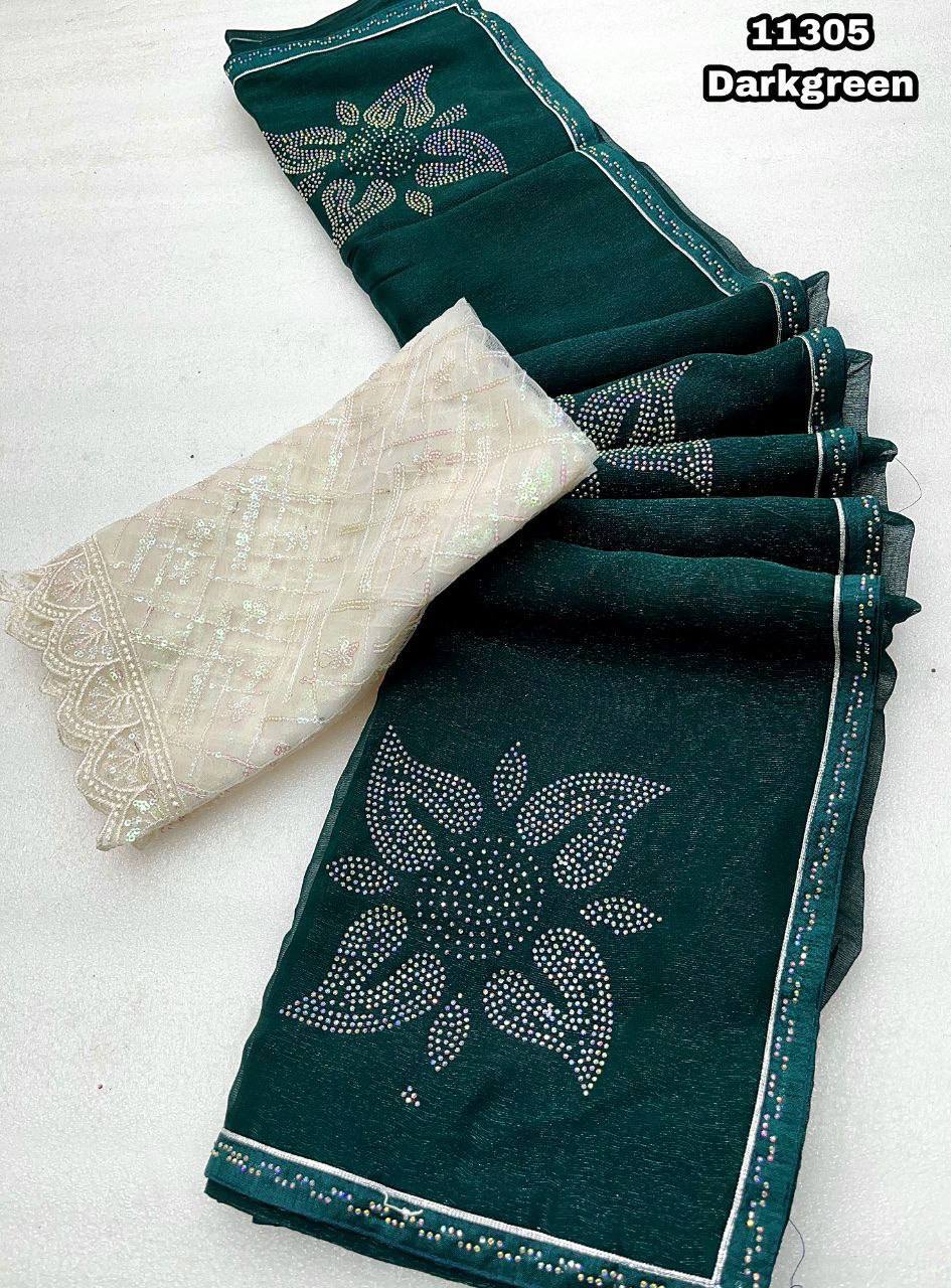 Fancy dual shade weaving with sequence &amp; siroski work sarees with blouse