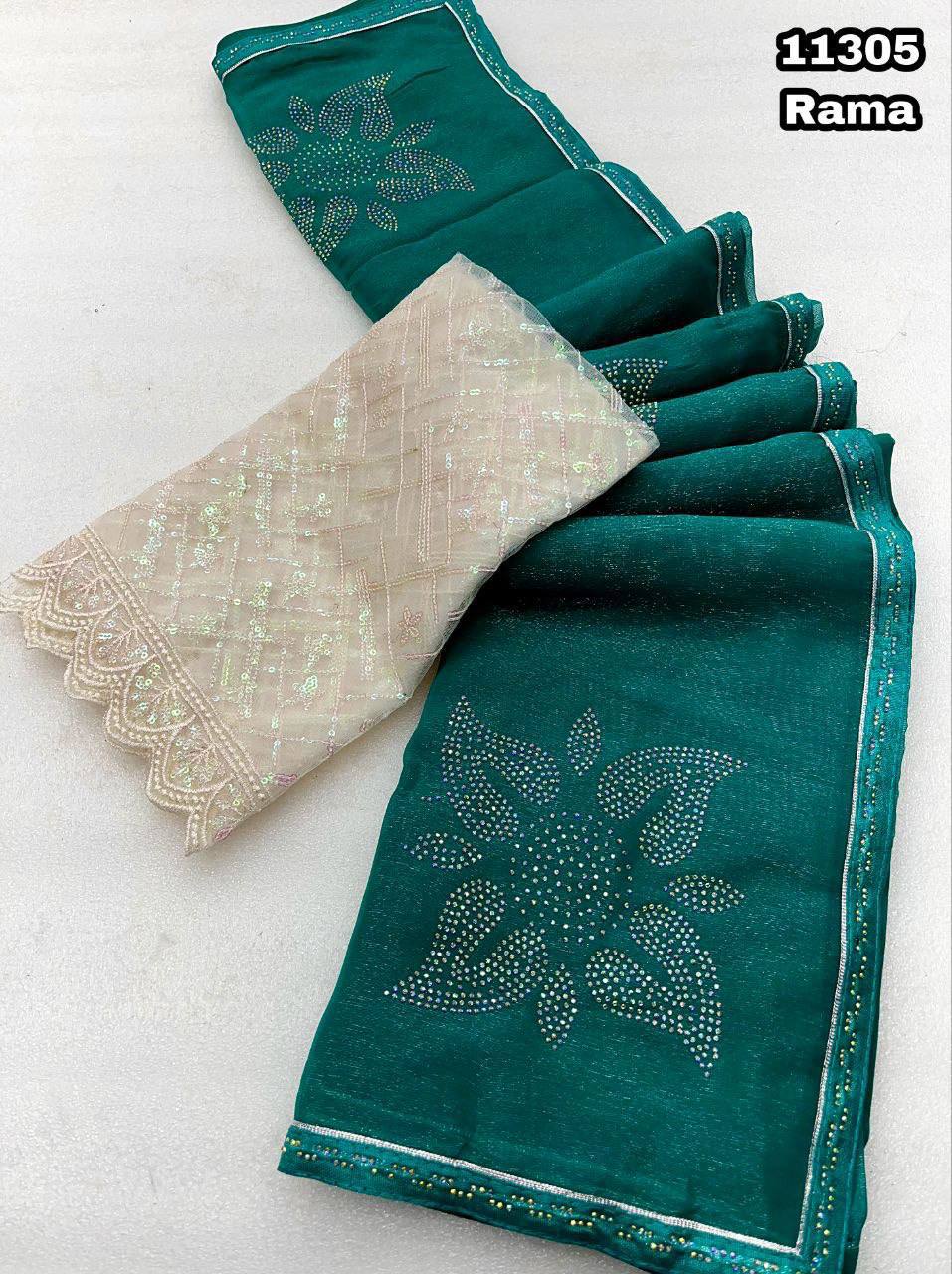 Fancy dual shade weaving with sequence &amp; siroski work sarees with blouse