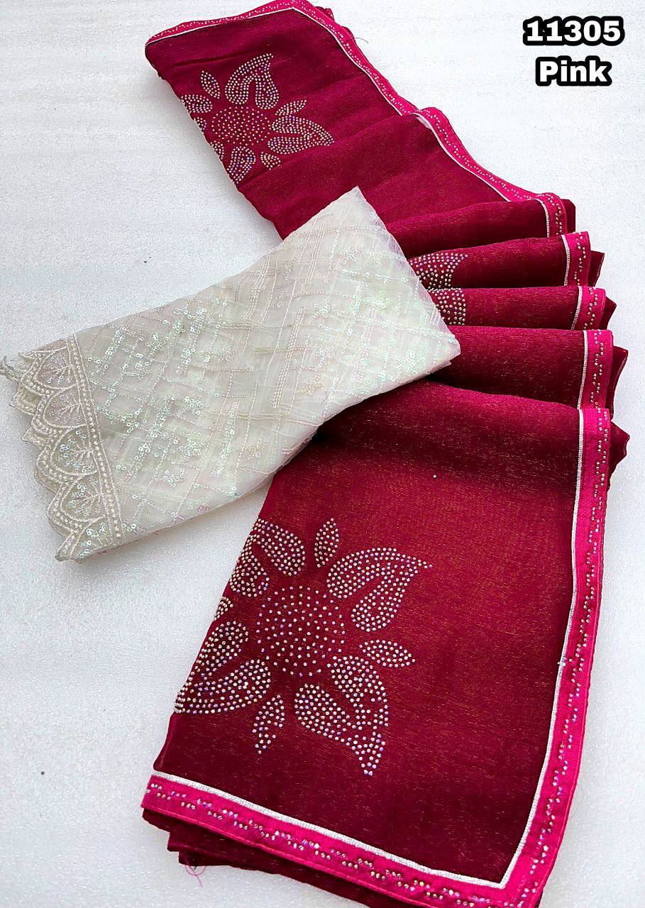 Fancy dual shade weaving with sequence &amp; siroski work sarees with blouse