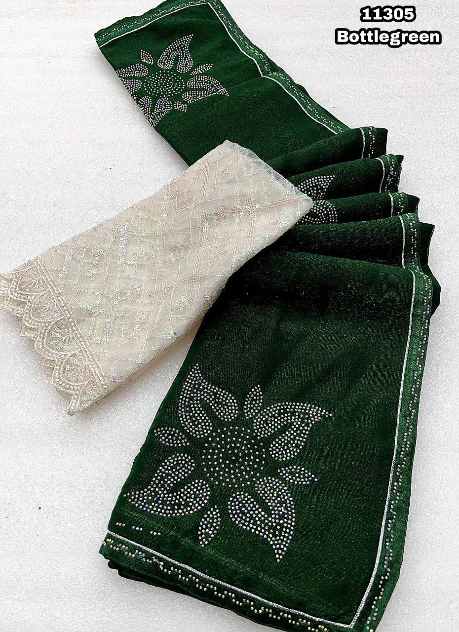Fancy dual shade weaving with sequence &amp; siroski work sarees with blouse