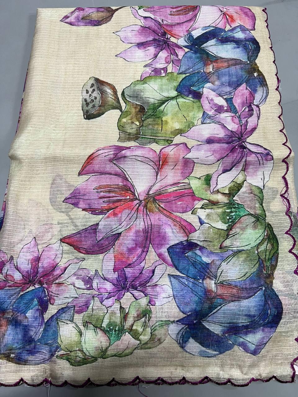 Soft Linen Printed, Furr & Foil Work Sarees with Blouse