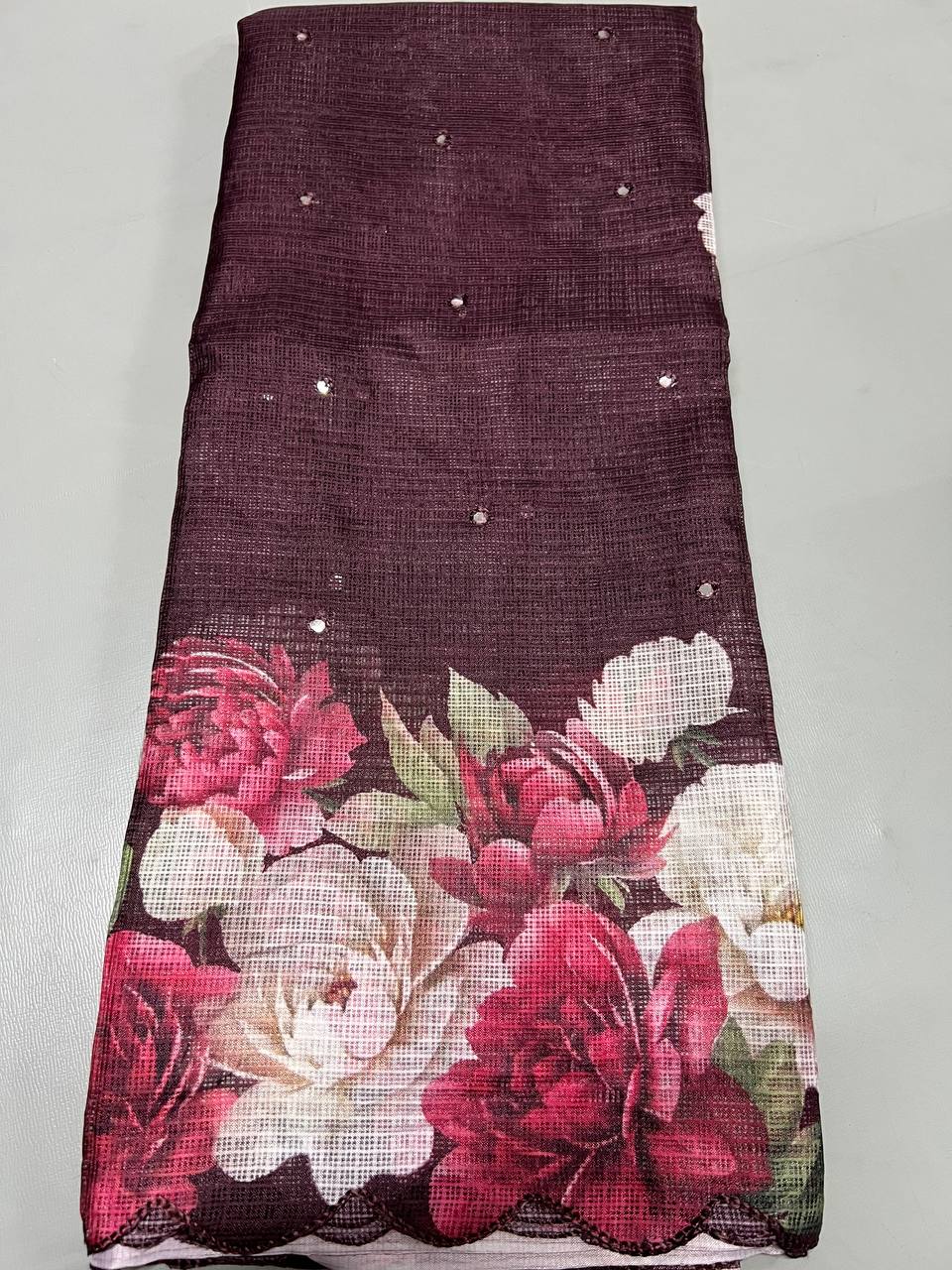 Soft Linen Printed, Furr & Foil Work Sarees with Blouse