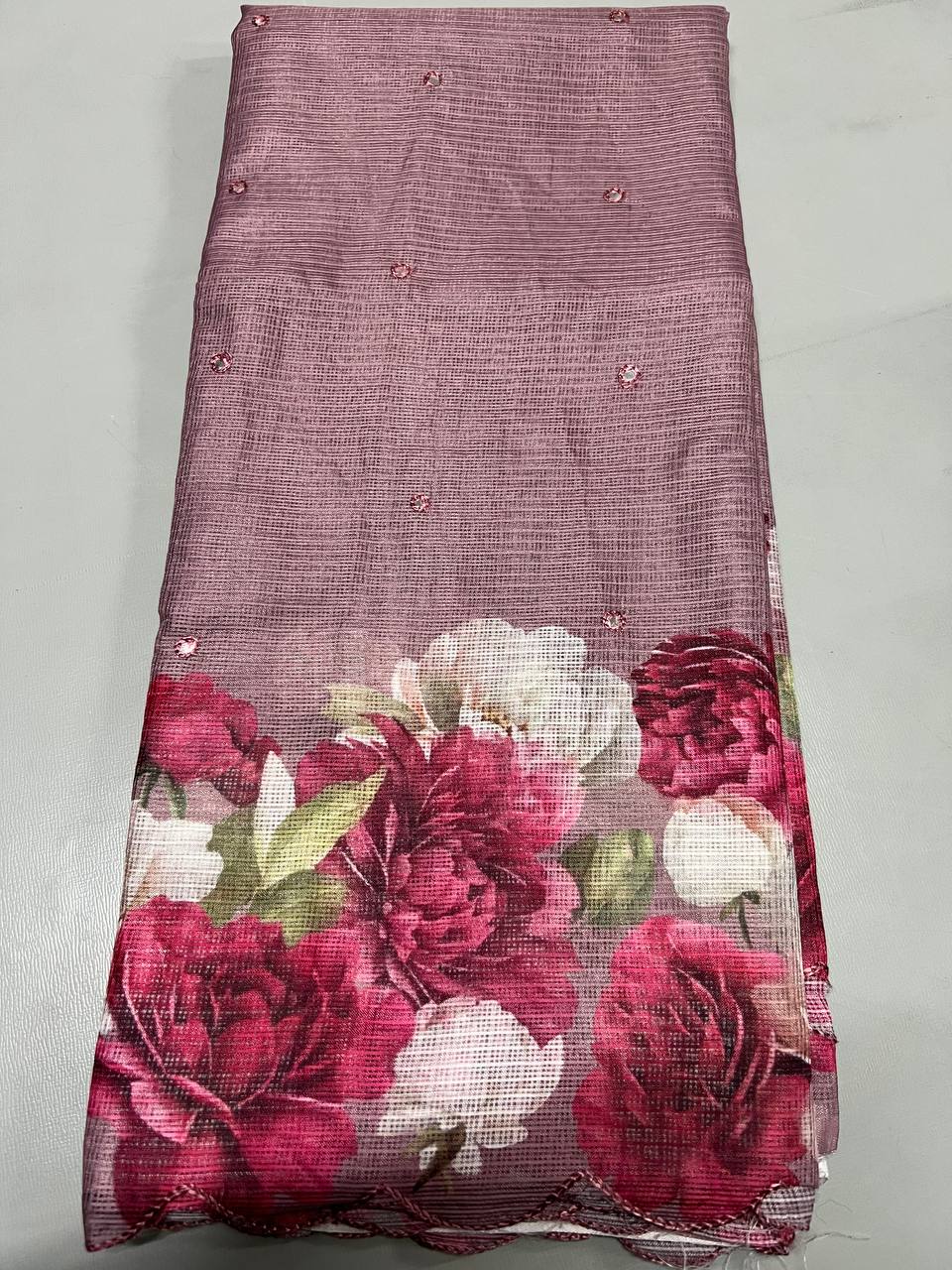 Soft Linen Printed, Furr & Foil Work Sarees with Blouse