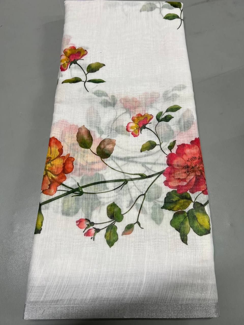 Soft Linen Printed, Furr & Foil Work Sarees with Blouse