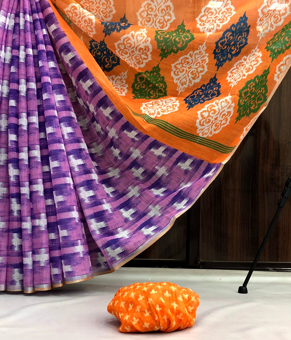 Plastic  linen ikkat printed saree