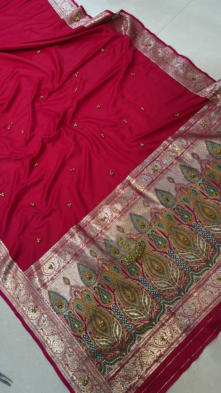 Runi Jacquard Metallic Satin Ghungroo Work Saree