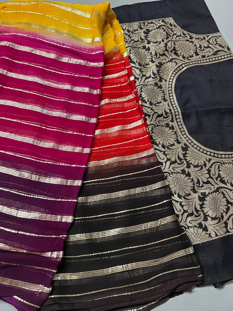 Soft Linen Printed, Furr & Foil Work Sarees with Blouse