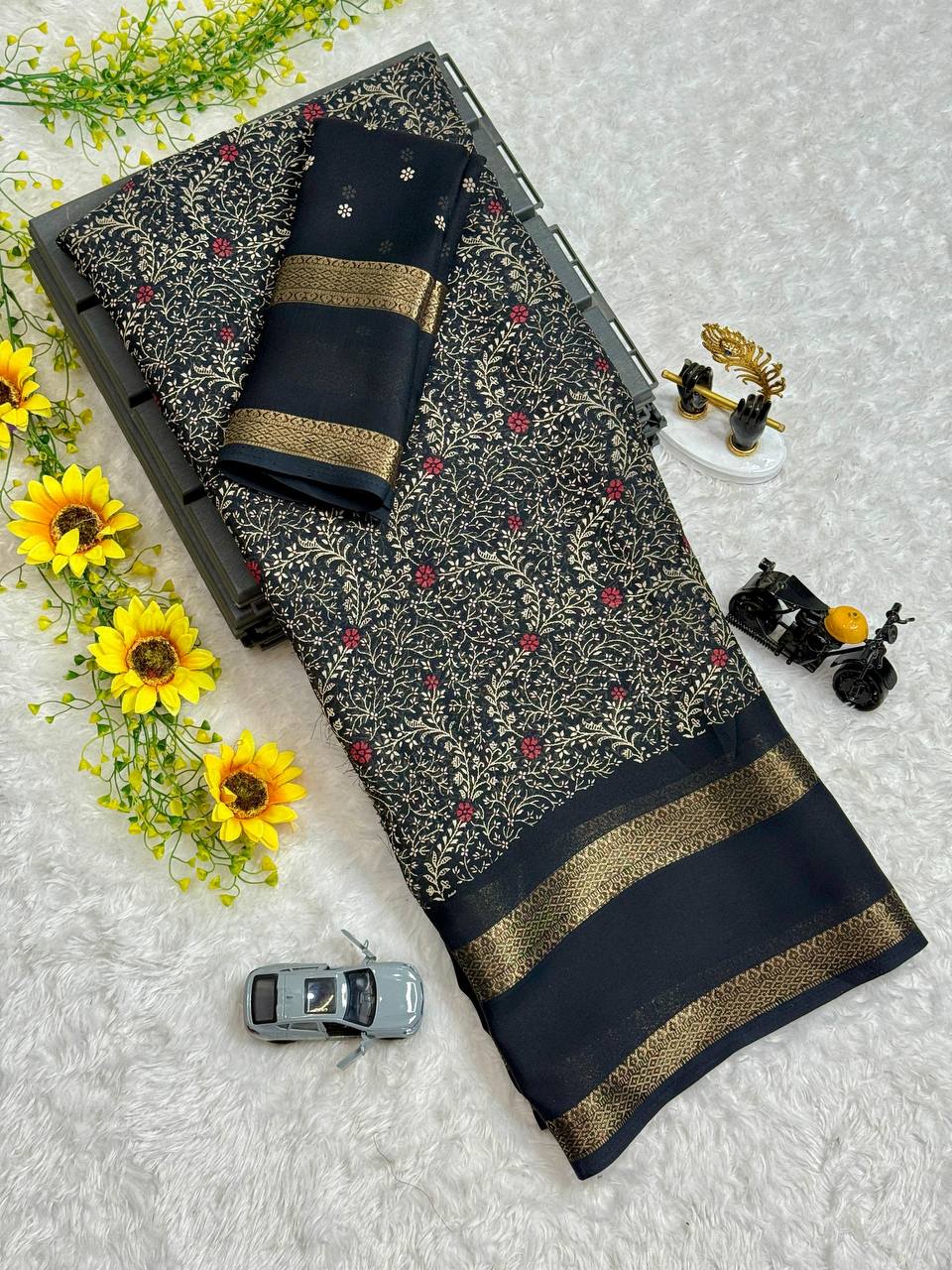 Nazneen Dull Moss Chiffon Floral Print Saree