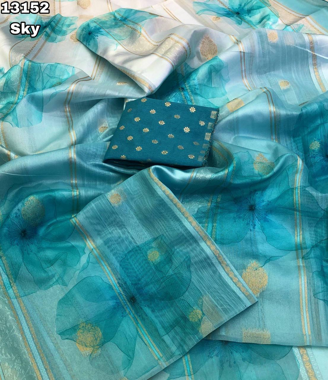 Fancy dual shade weaving with sequence &amp; siroski work sarees with blouse