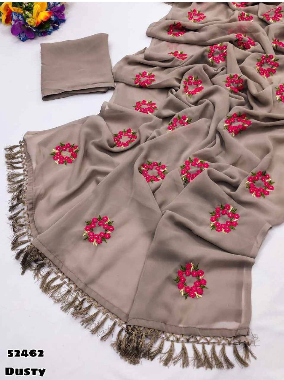 Soft Linen Printed, Furr & Foil Work Sarees with Blouse