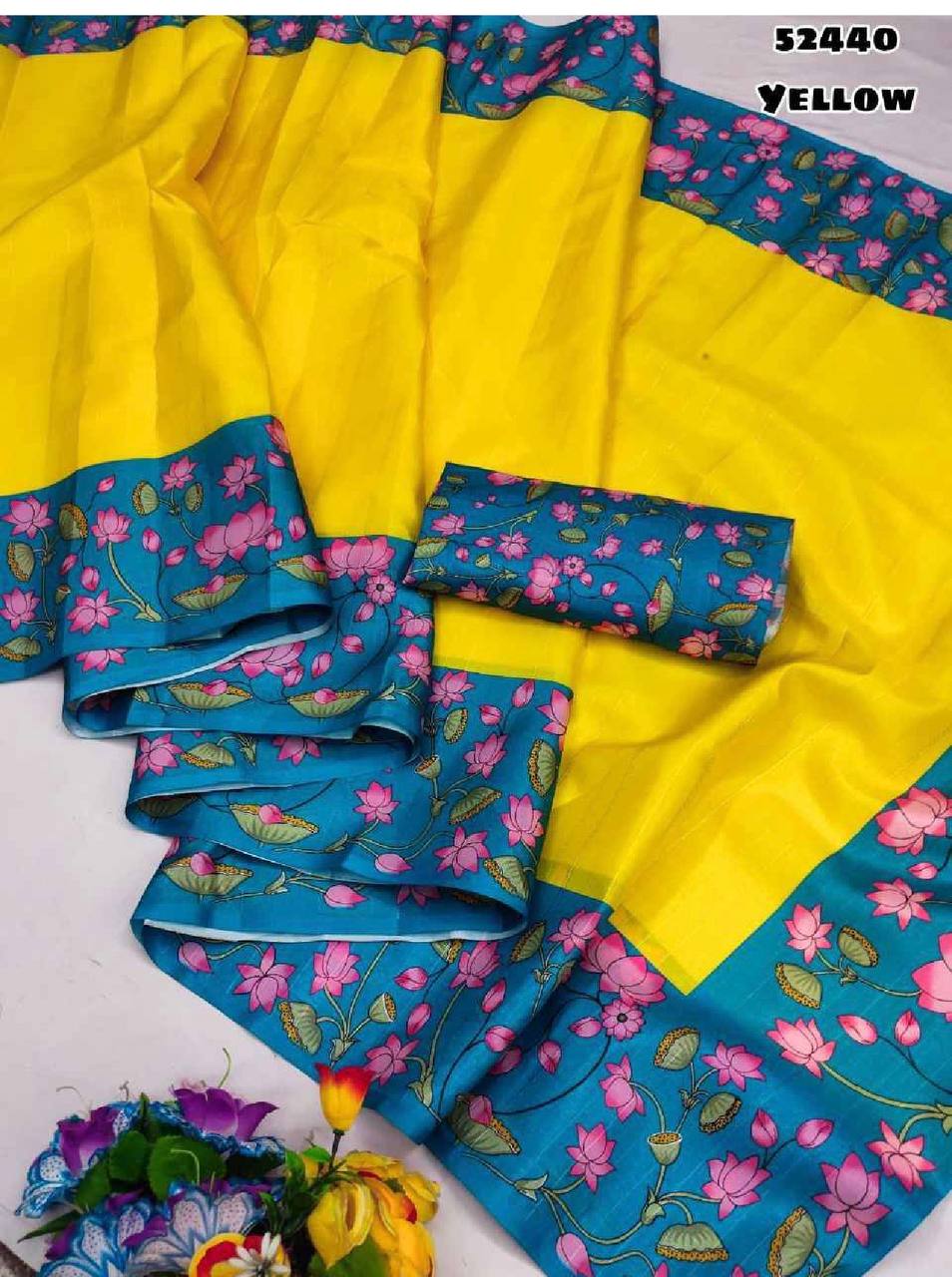 Soft Linen Printed, Furr & Foil Work Sarees with Blouse