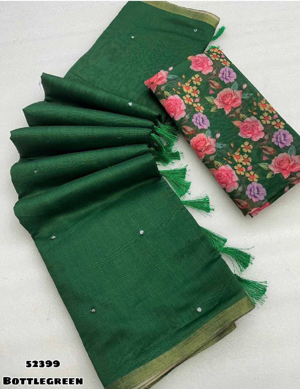 Soft Linen Printed, Furr & Foil Work Sarees with Blouse