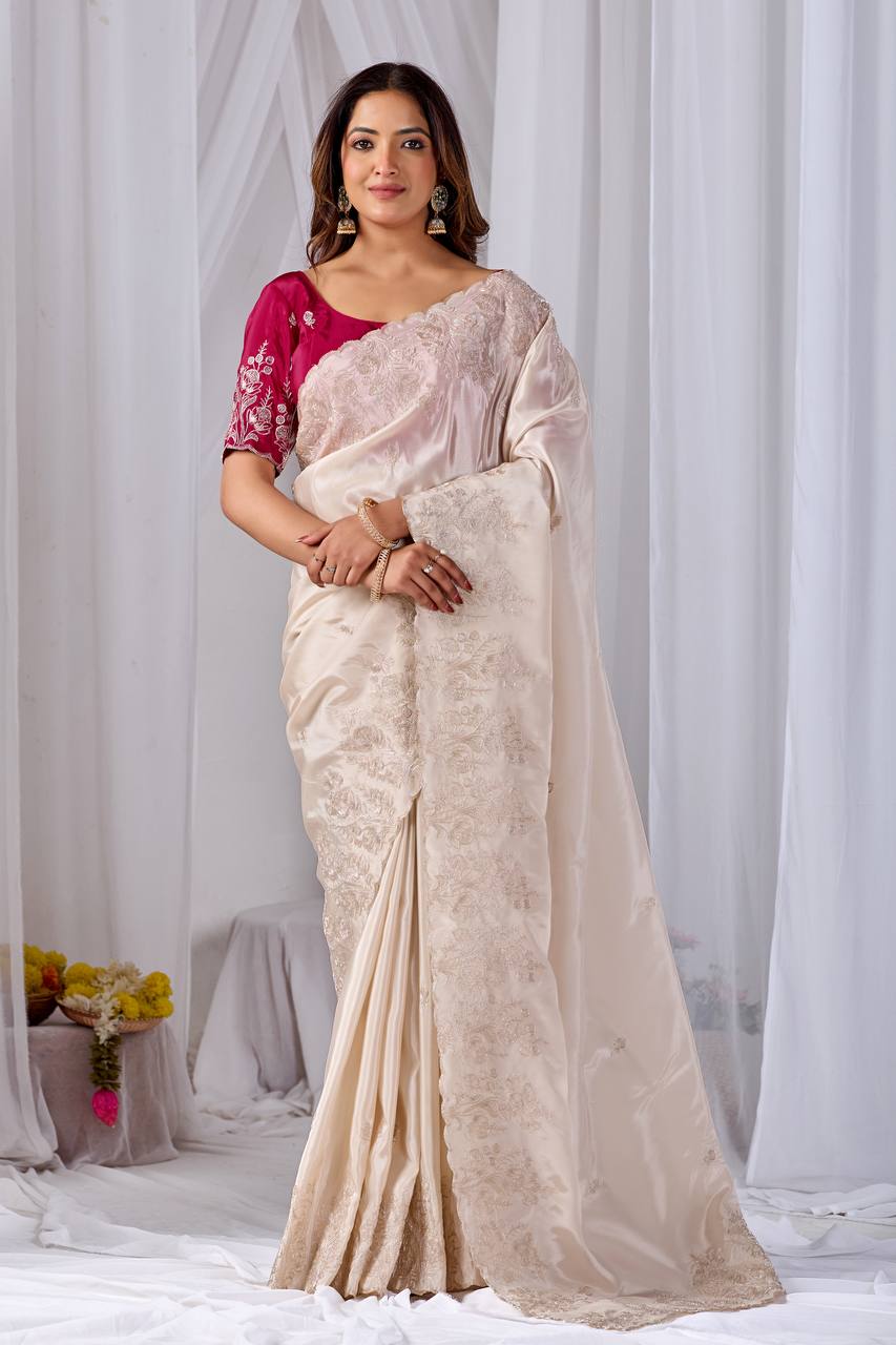 Across Crape Silk Coding Embroidery Work Saree