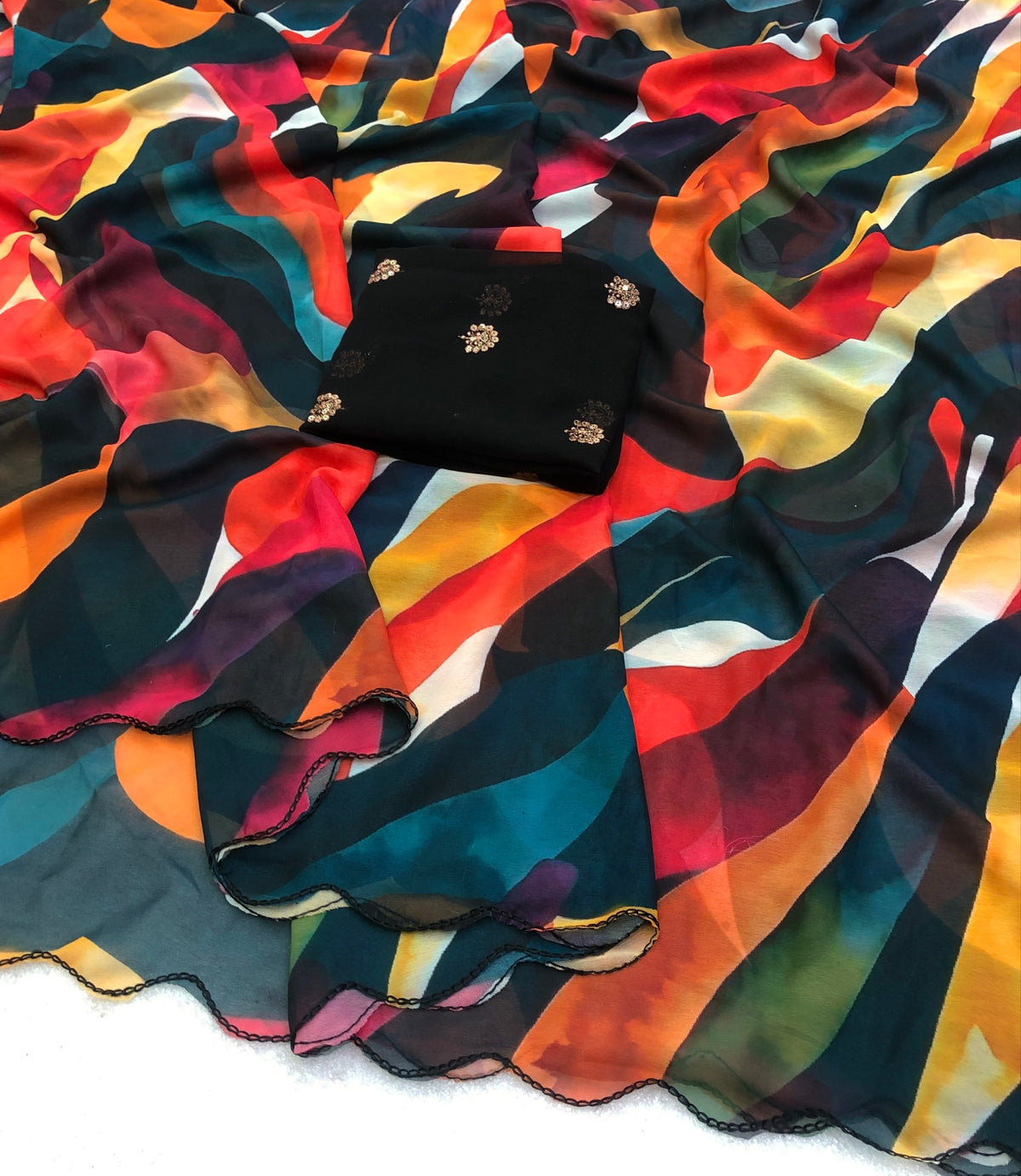 Abstract Chiffon Multicolor Printed Saree