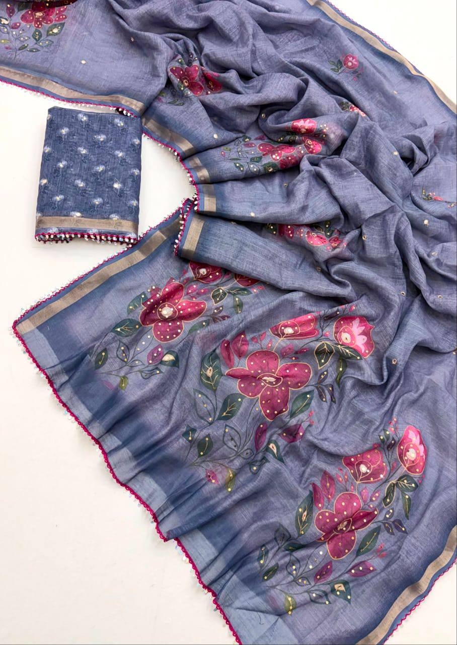 Neerja Mal Cotton Print with Mirror Work Saree