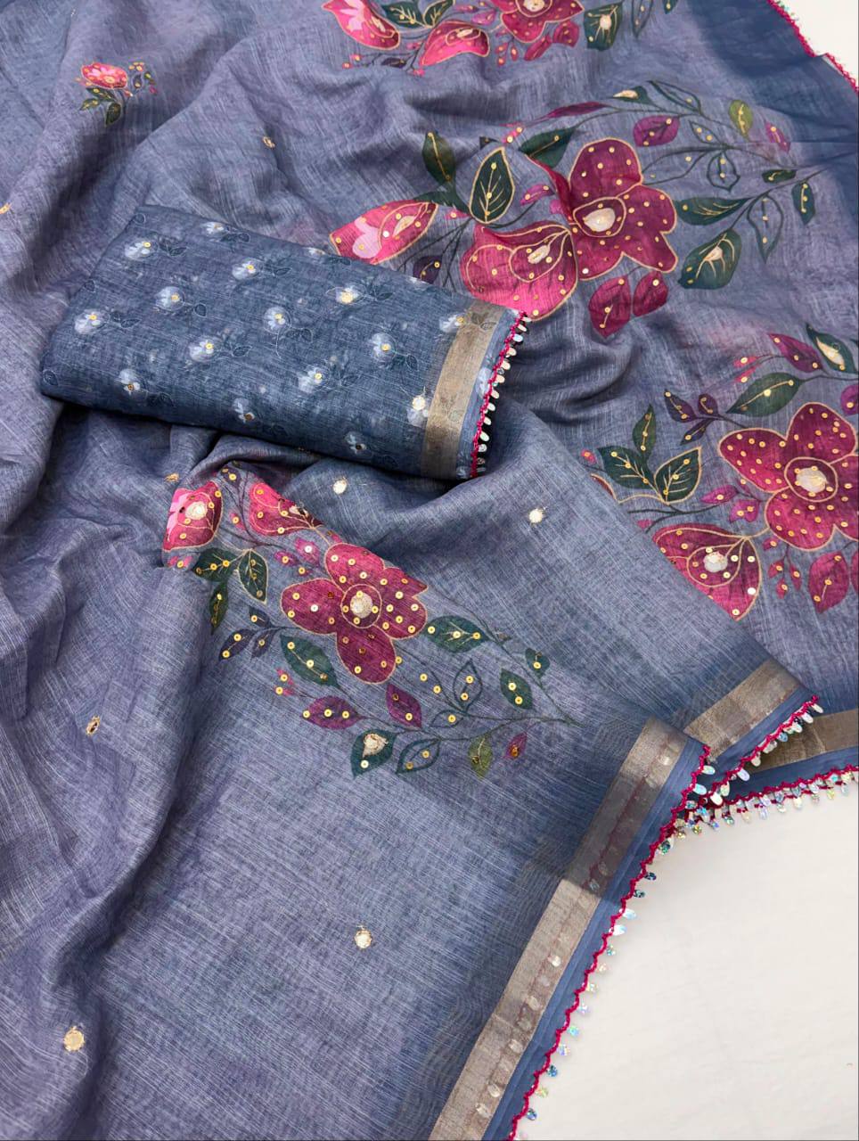 Neerja Mal Cotton Print with Mirror Work Saree