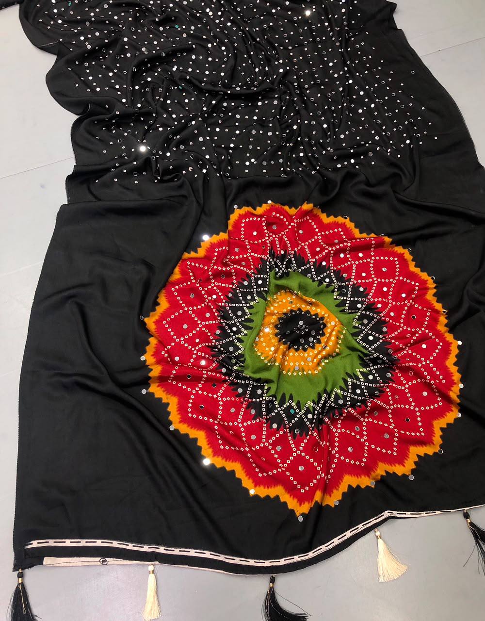 Blekish Weightless Ajrakh Printed 2K Mirror Work Saree