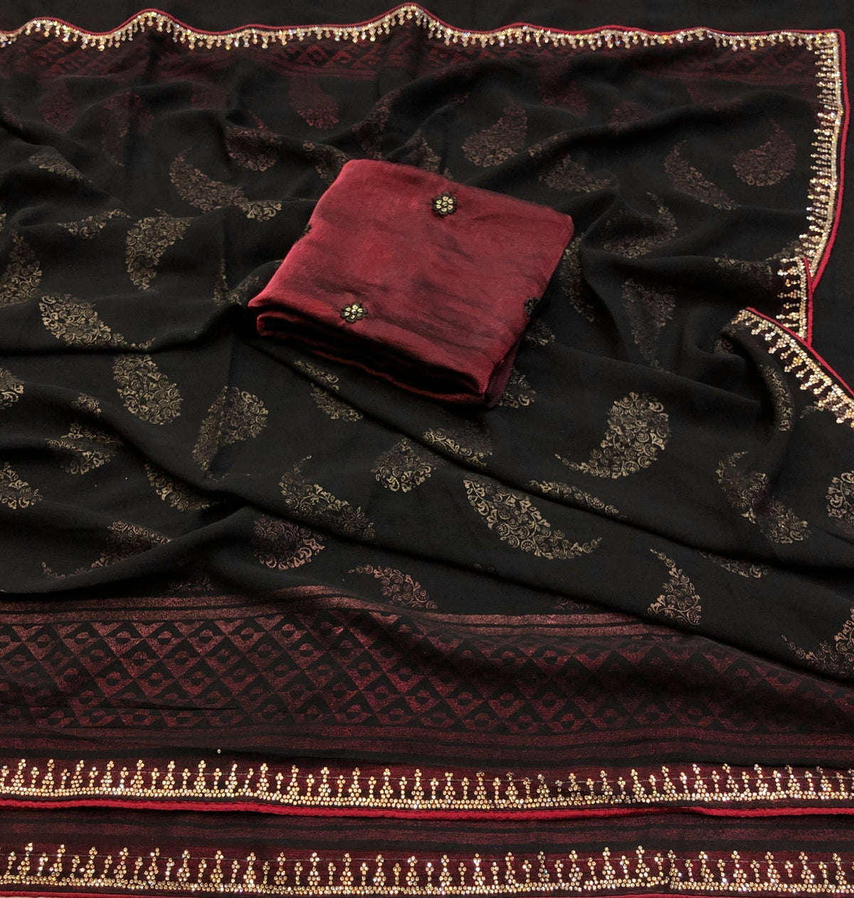 Folix Georgette Foil Print Jarkhan Work Saree