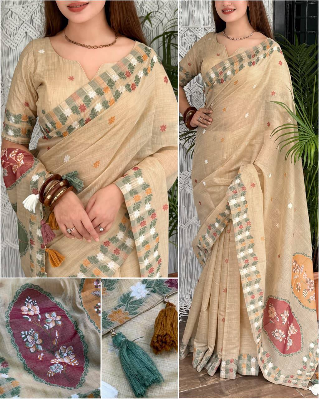 Samah linen Cotton Zari & Thread Weaving Saree