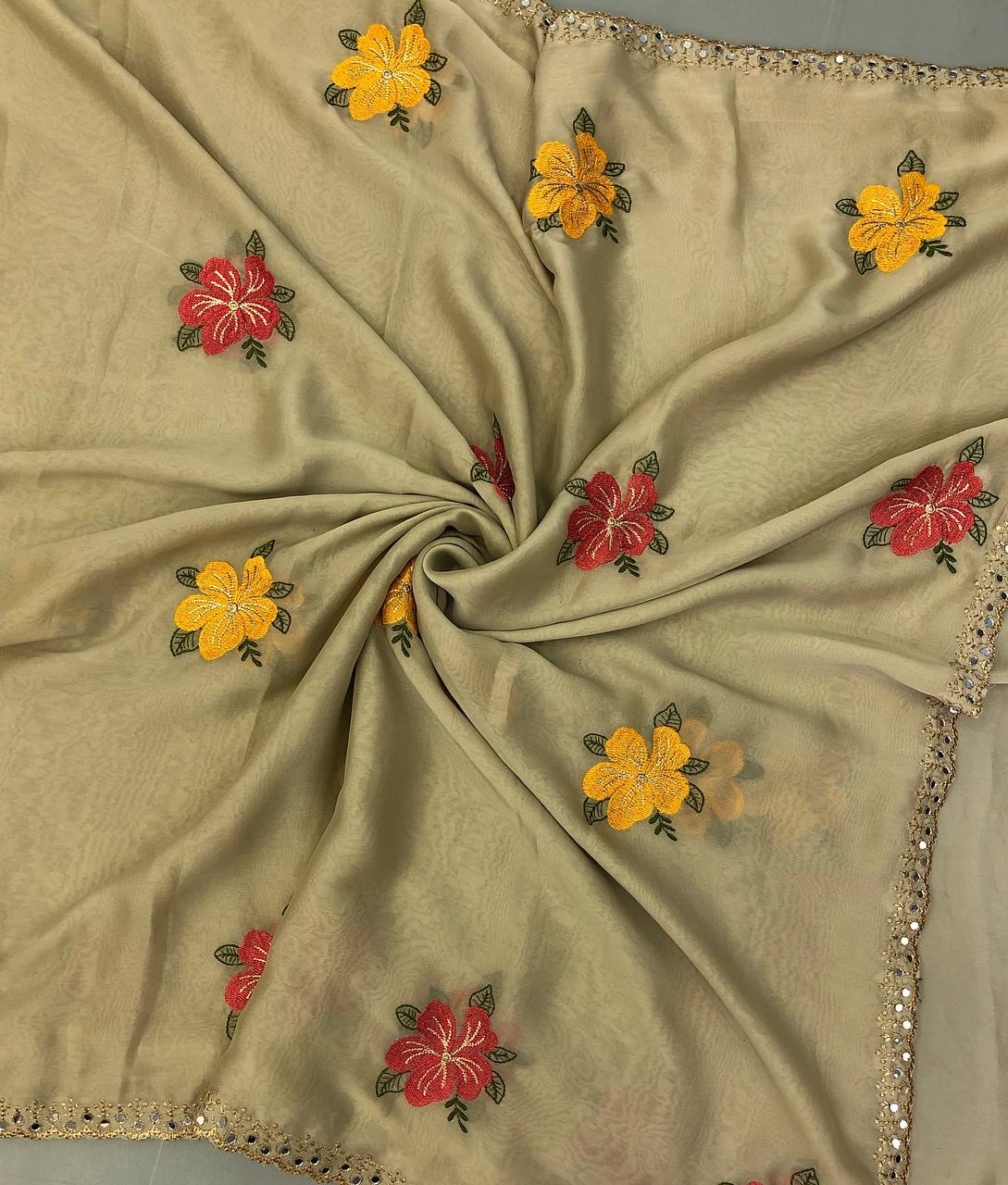 Prodot Chiffon Floral Embroidery Thread Work Saree