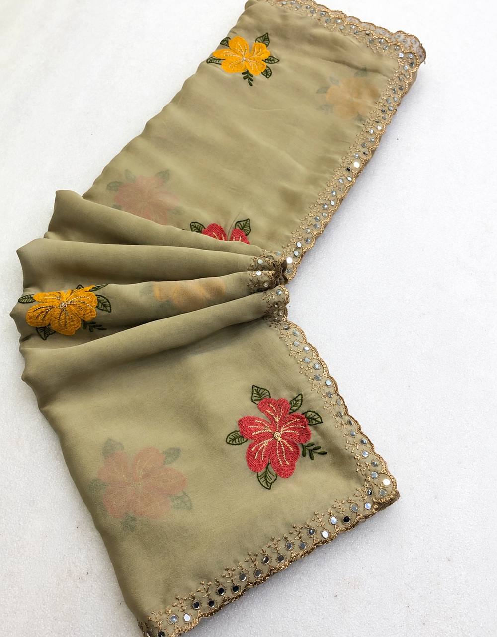Prodot Chiffon Floral Embroidery Thread Work Saree