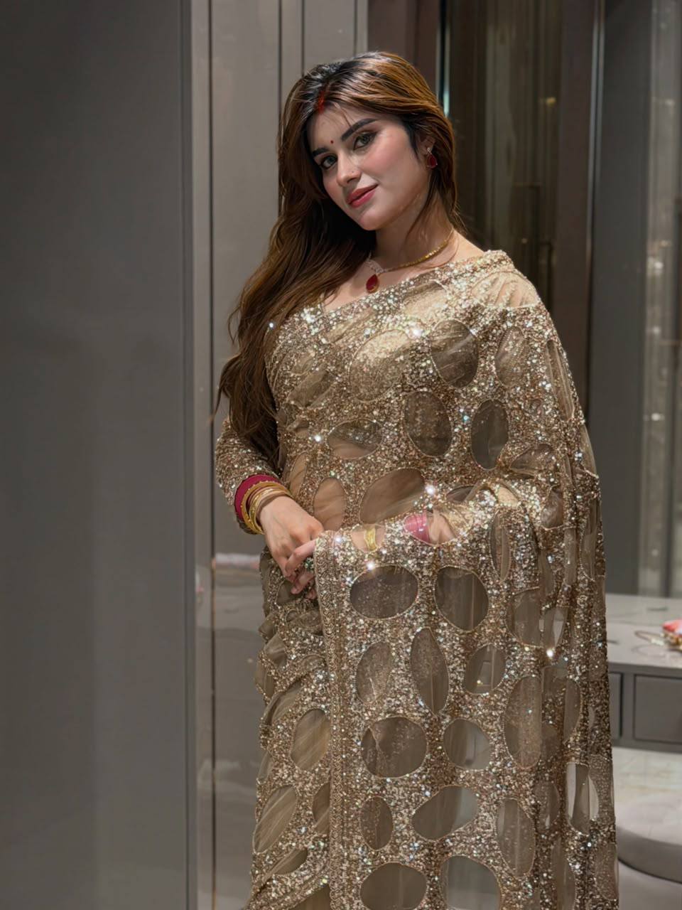 Jhalak Golden Net Beads Work Saree