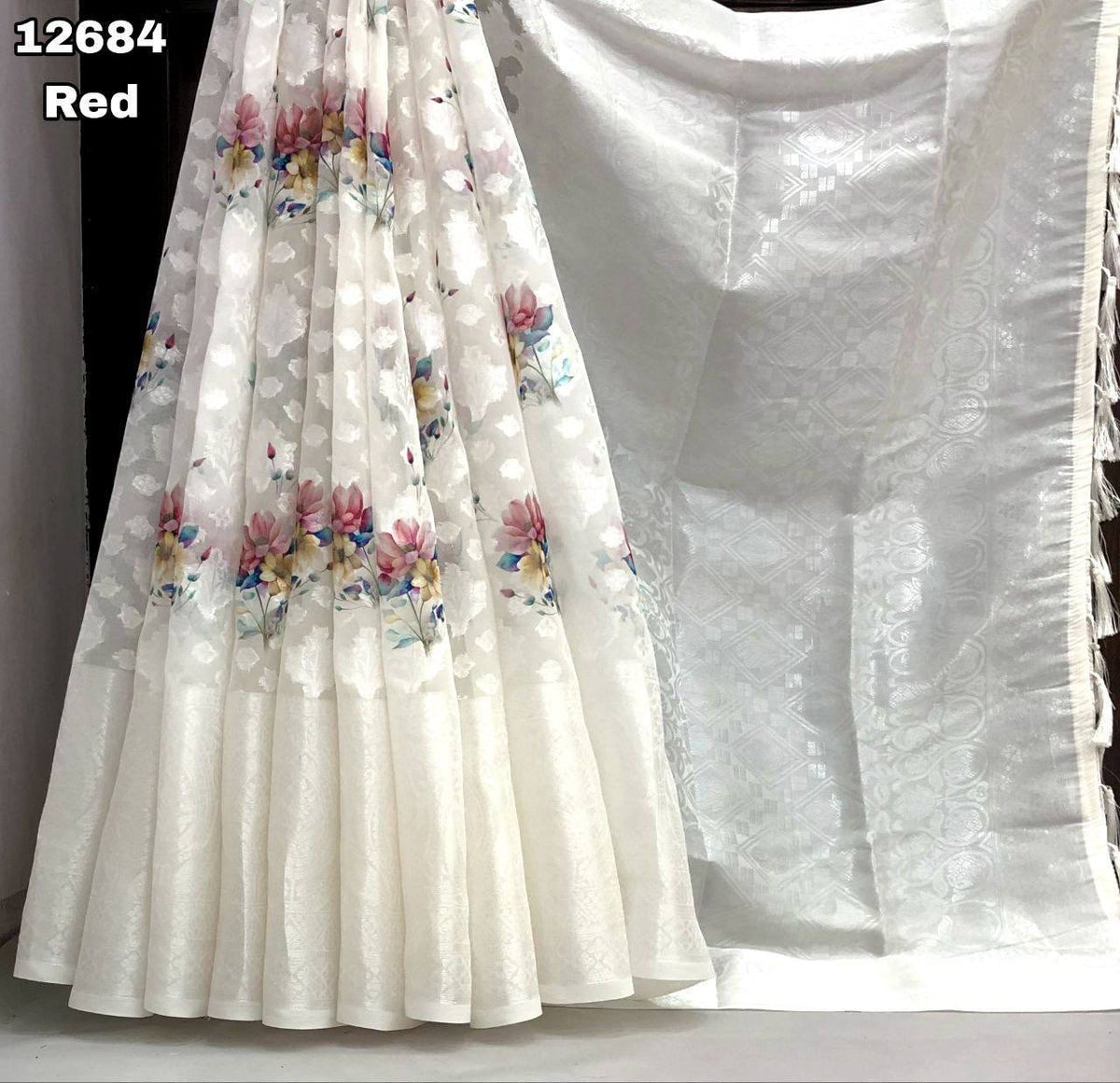 Fancy dual shade weaving with sequence &amp; siroski work sarees with blouse