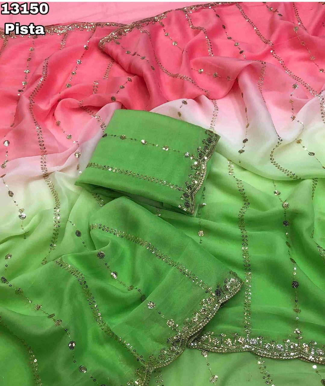 Fancy dual shade weaving with sequence &amp; siroski work sarees with blouse