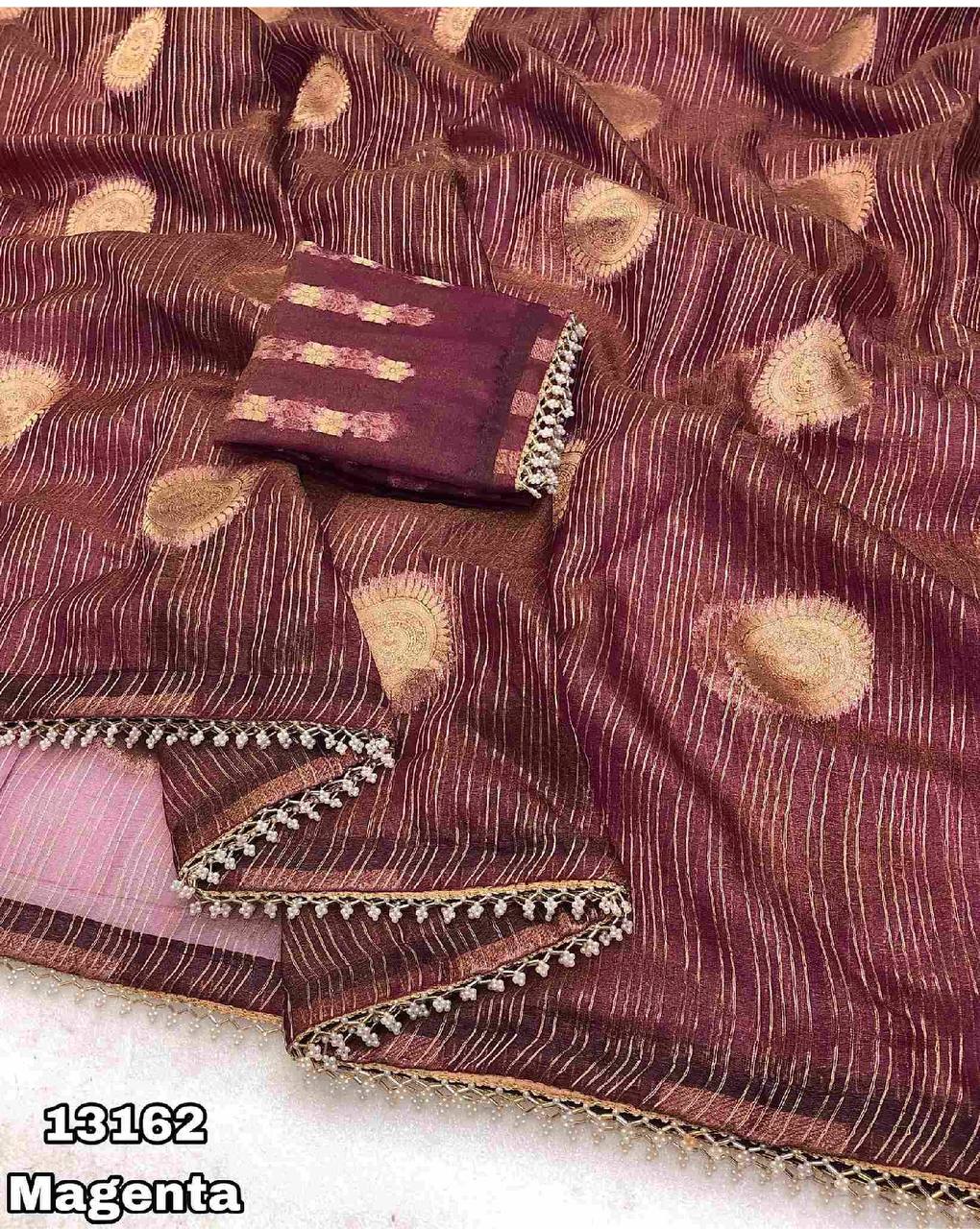 Fancy dual shade weaving with sequence &amp; siroski work sarees with blouse