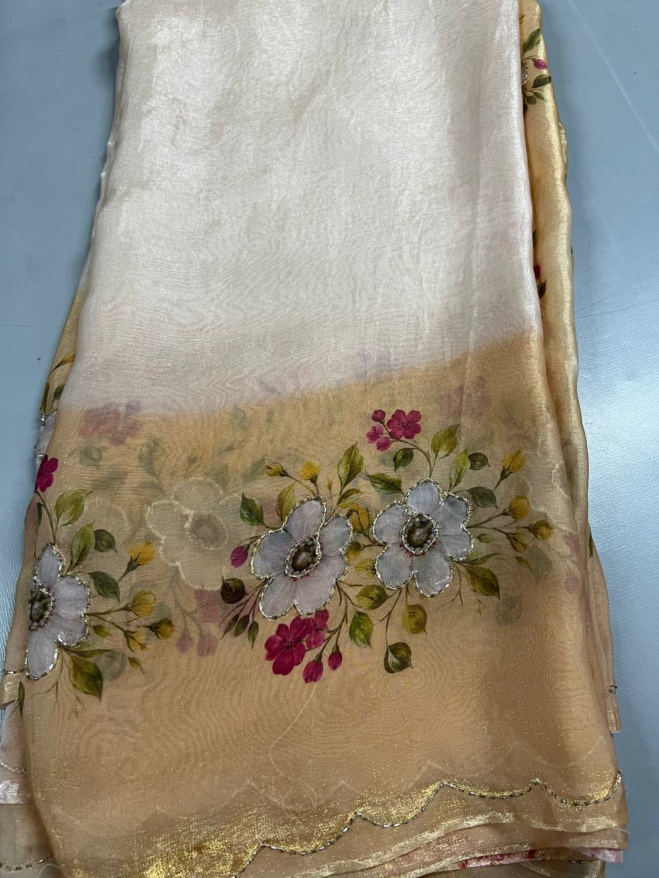 Fancy dual shade weaving with sequence &amp; siroski work sarees with blouse