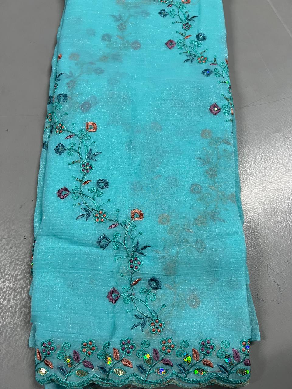 Fancy dual shade weaving with sequence &amp; siroski work sarees with blouse