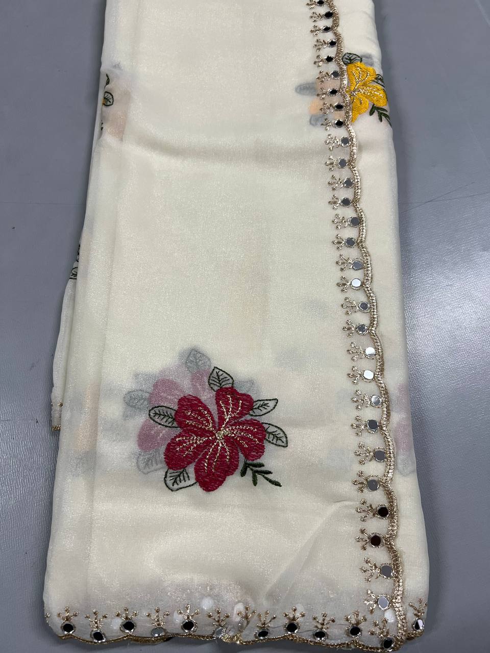 Fancy dual shade weaving with sequence &amp; siroski work sarees with blouse