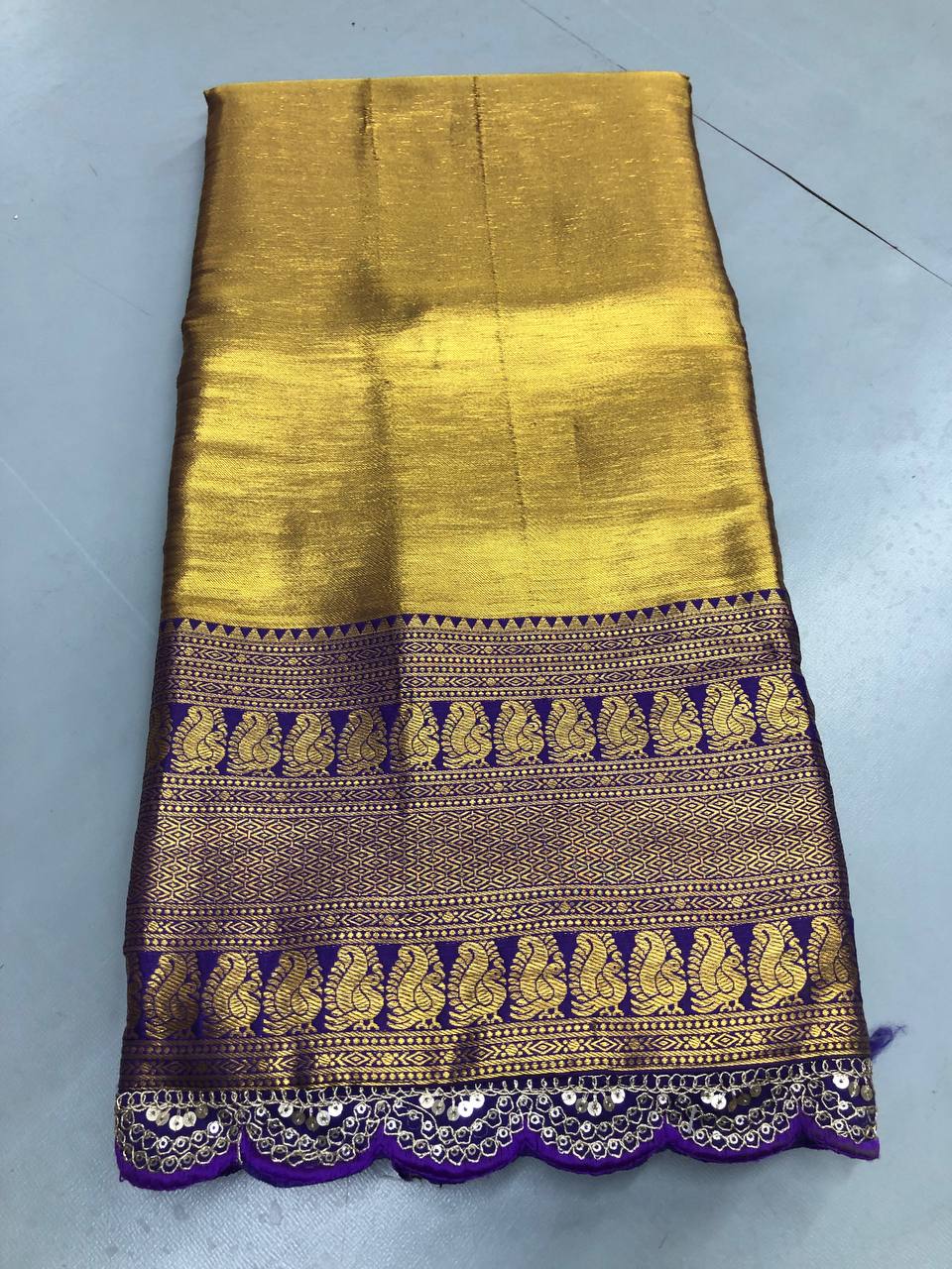 Fancy dual shade weaving with sequence &amp; siroski work sarees with blouse