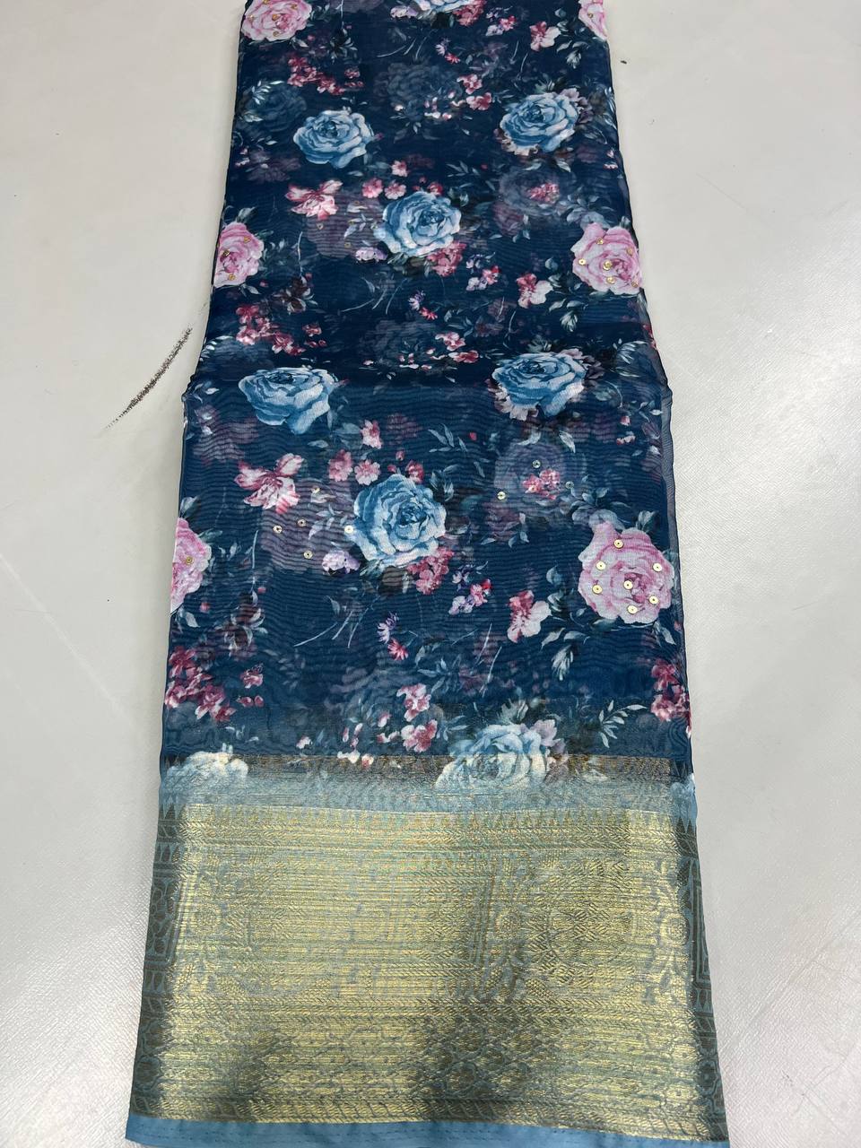 Fancy dual shade weaving with sequence &amp; siroski work sarees with blouse